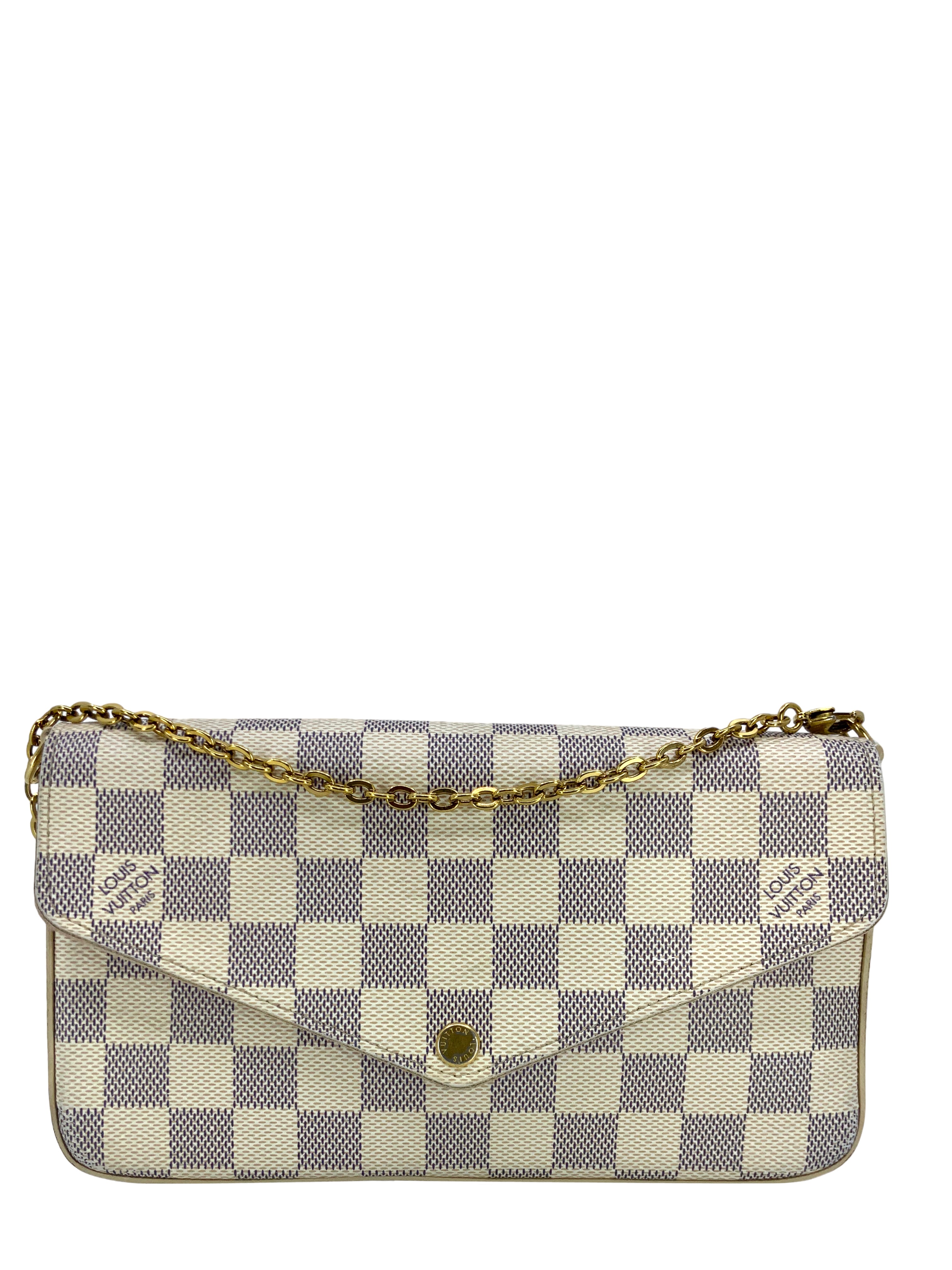 Authentic LOUIS VUITTON Damier Azur Pochette Felicie Chain Wallet Crossbody Bag - Luxury Designer Handbag for Women, Perfect for Evening Parties & Daily Use