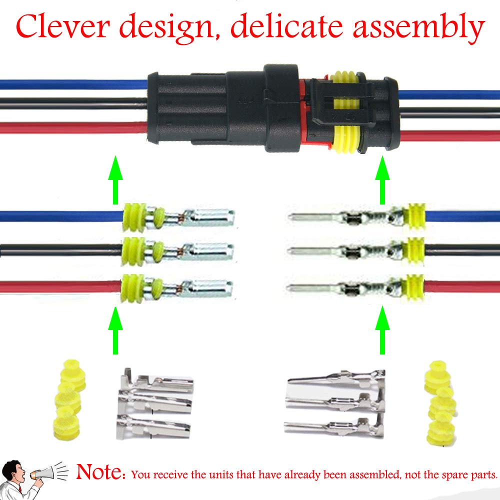 Waterproof 3 Pin Electrical Connector 16AWG for Car, Truck, Boat - 5 Pack