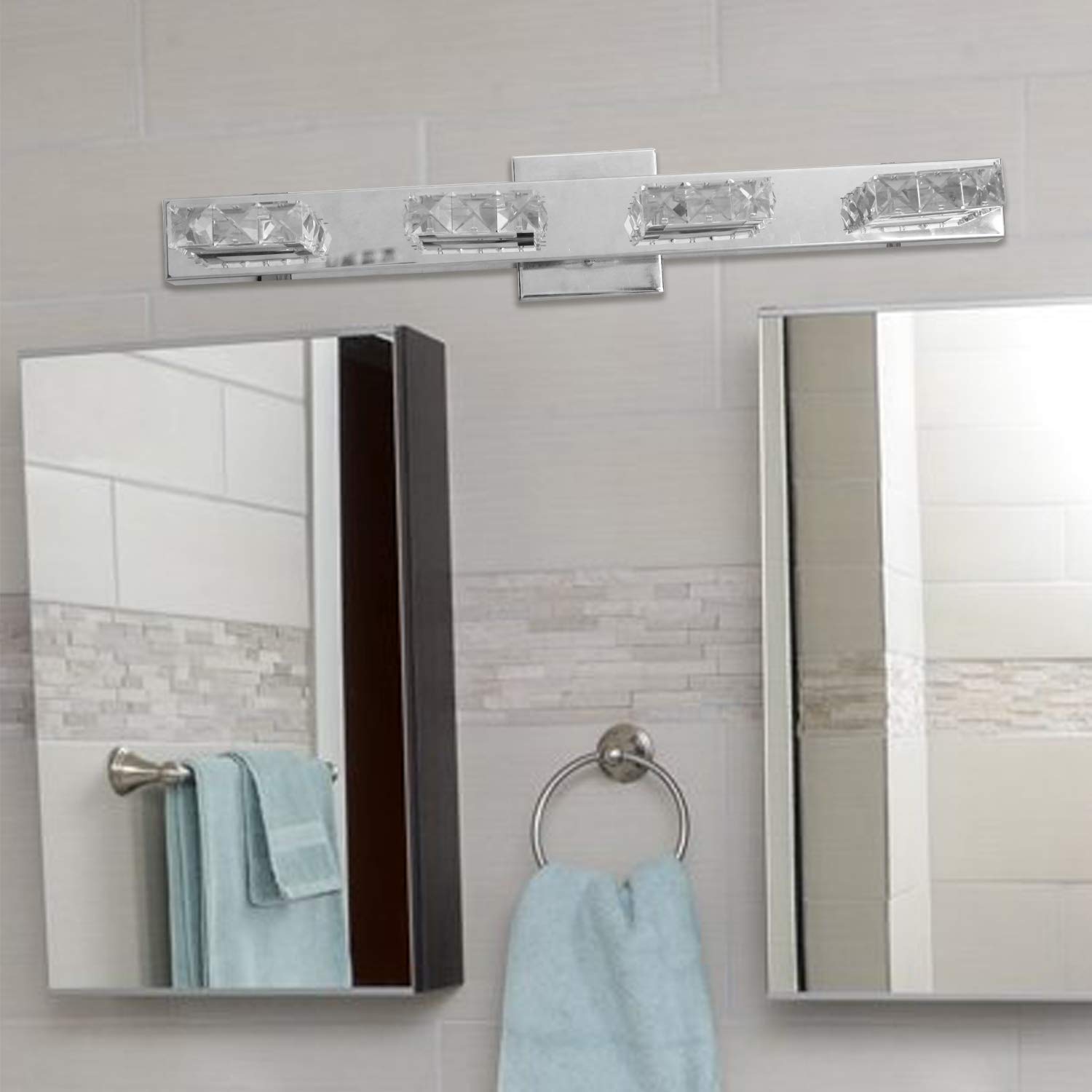 24 Inch Crystal LED Vanity Light Fixture with 4-Piece Hardware Towel Bar Set - Modern Bathroom Lighting & Accessories for Spa-Like Luxury (Perfect for Master Bath, Powder Room & Guest Bath Decor)