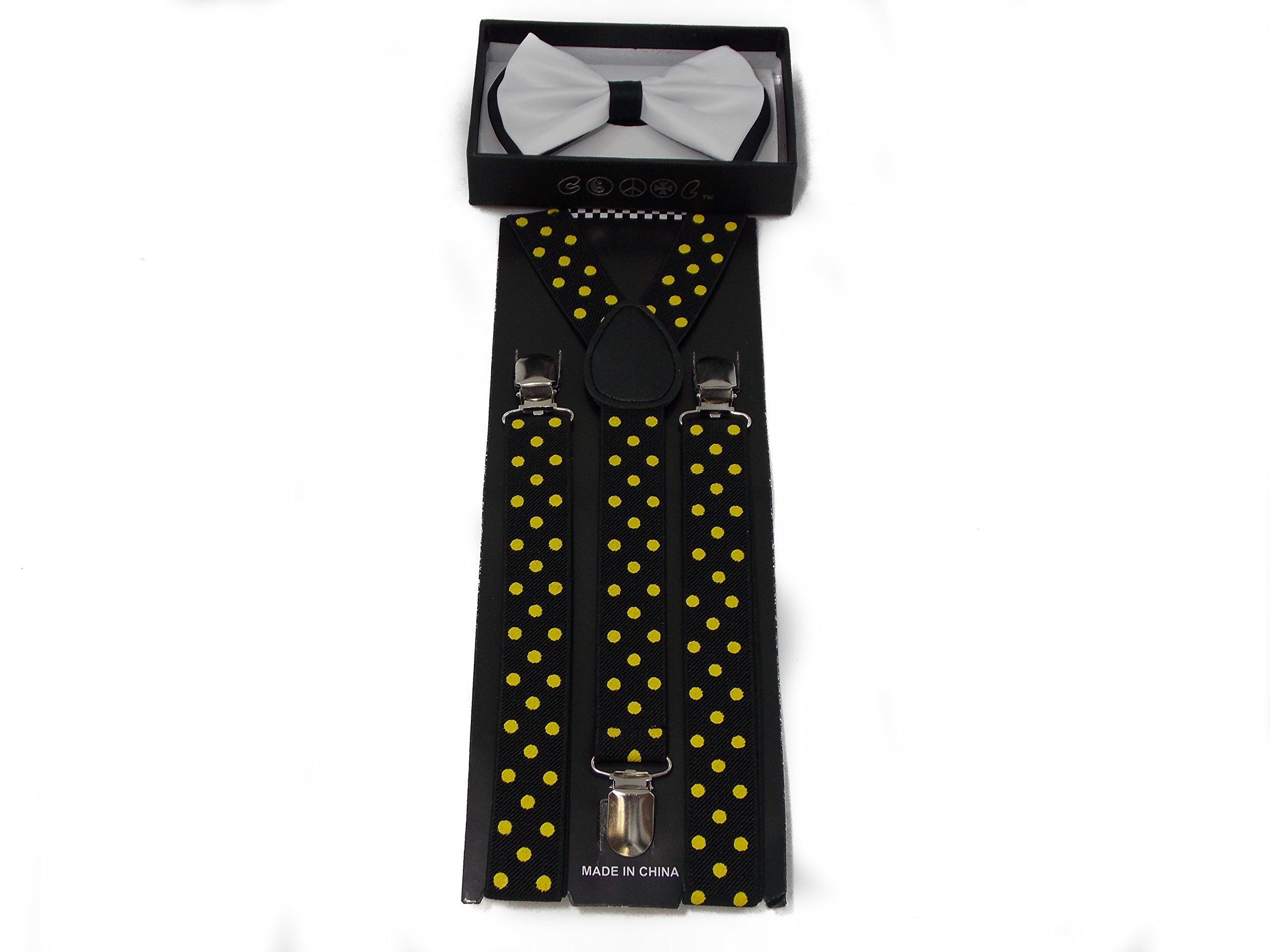 Elegant White Bow Tie with Black Accent & Yellow Polkadot Suspenders Set - Perfect for Weddings, Prom, and Formal Events