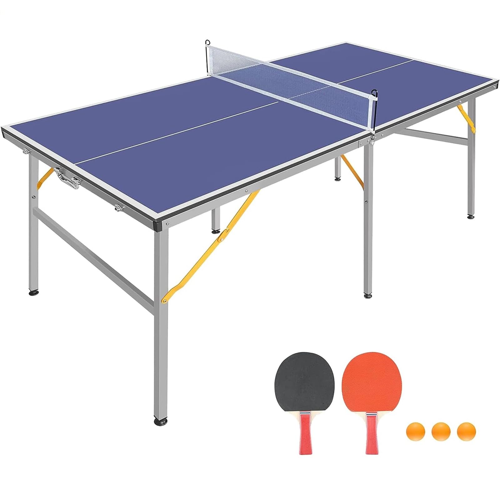 6ft Foldable & Portable Mid-Size Ping Pong Table Set - Indoor/Outdoor Table Tennis with Net, 2 Paddles & 3 Balls | Perfect for Home, Office, Backyard & Recreational Games