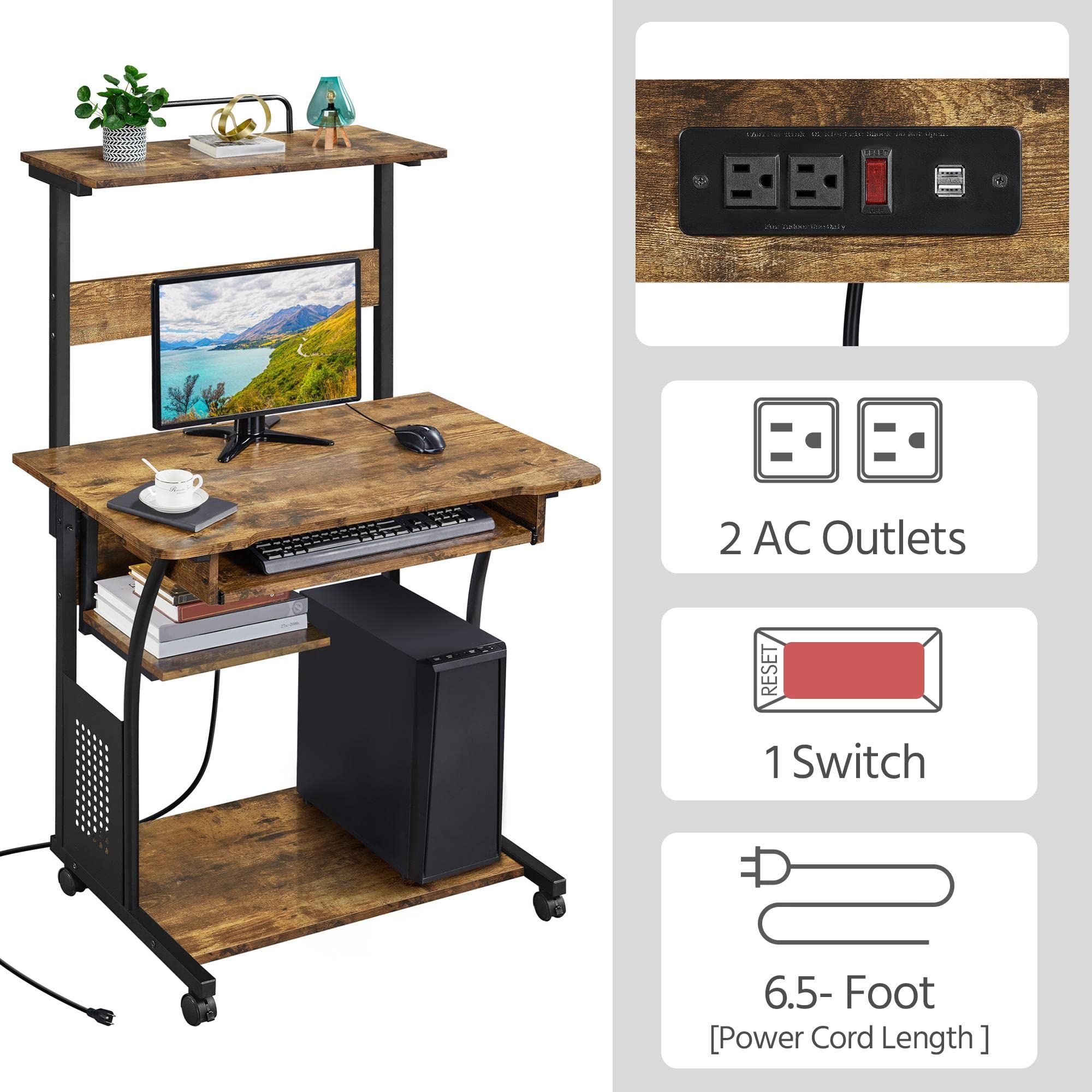 Yaheetech 3-Tier Mobile Computer Desk with Wheels - Rolling Home Office Workstation with Charging Station, Keyboard Tray, Power Outlet & USB Ports - Perfect for Small Spaces, Dorm Rooms & Home Office Setup (Rustic Brown)