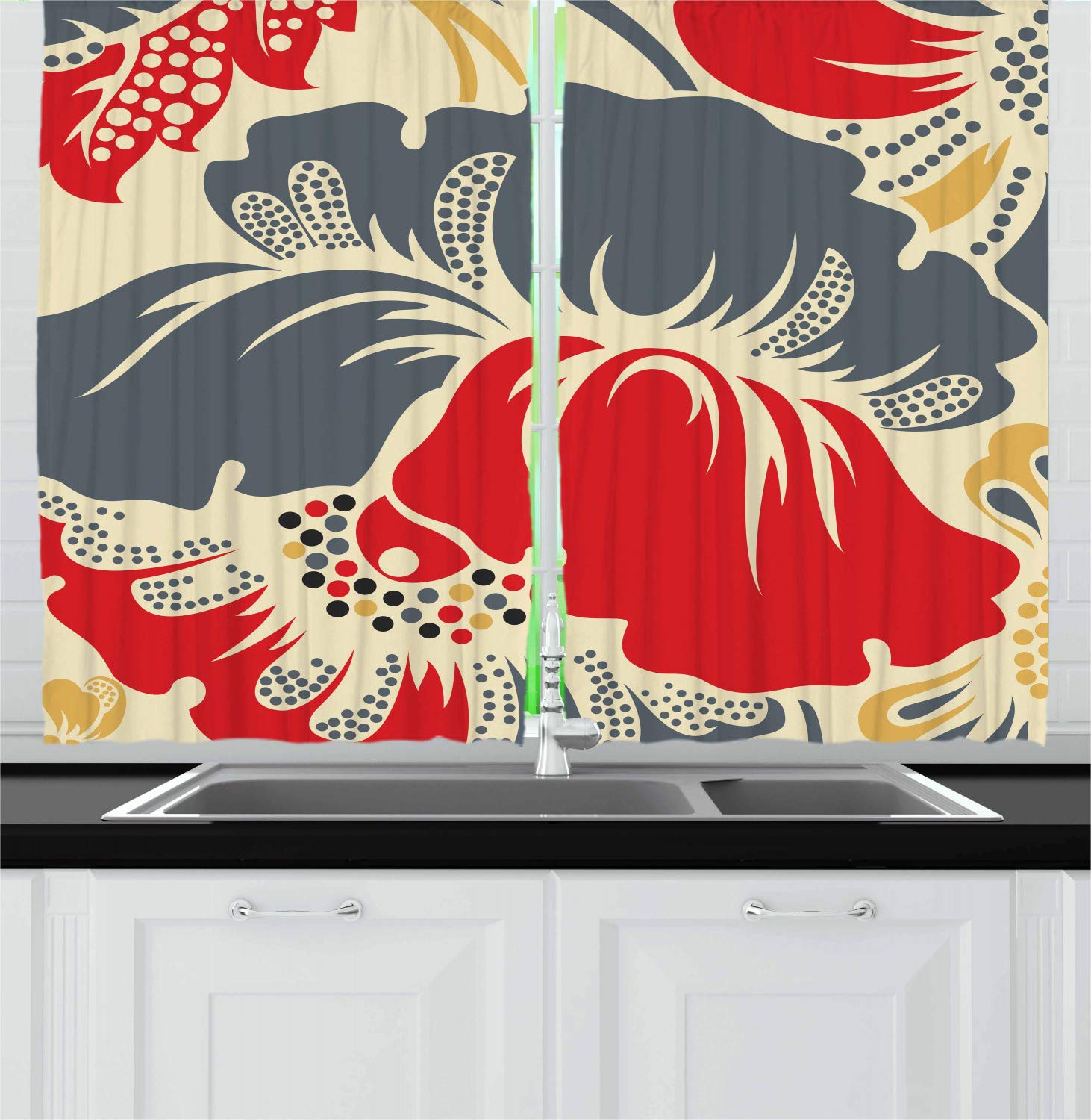 Vintage Chinese Style Kitchen Curtains - Botanical Floral Pattern with Abstract Blossoms & Vibrant Petals, 2 Panel Window Drapes for Kitchen & Cafe Decor, 55