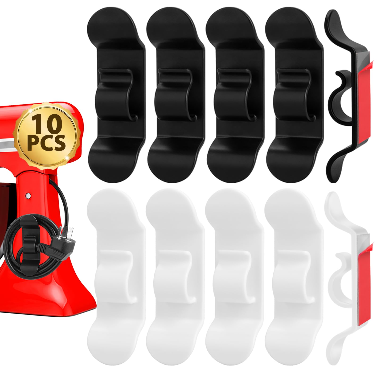10Pcs Black & White Cord Organizer for Kitchen Appliances - Self Stick Cord Winder & Keeper for Mixer, Coffee Maker, Air Fryer, Pressure Cooker, Toaster - Perfect for Tidy Countertops & Organized Cables