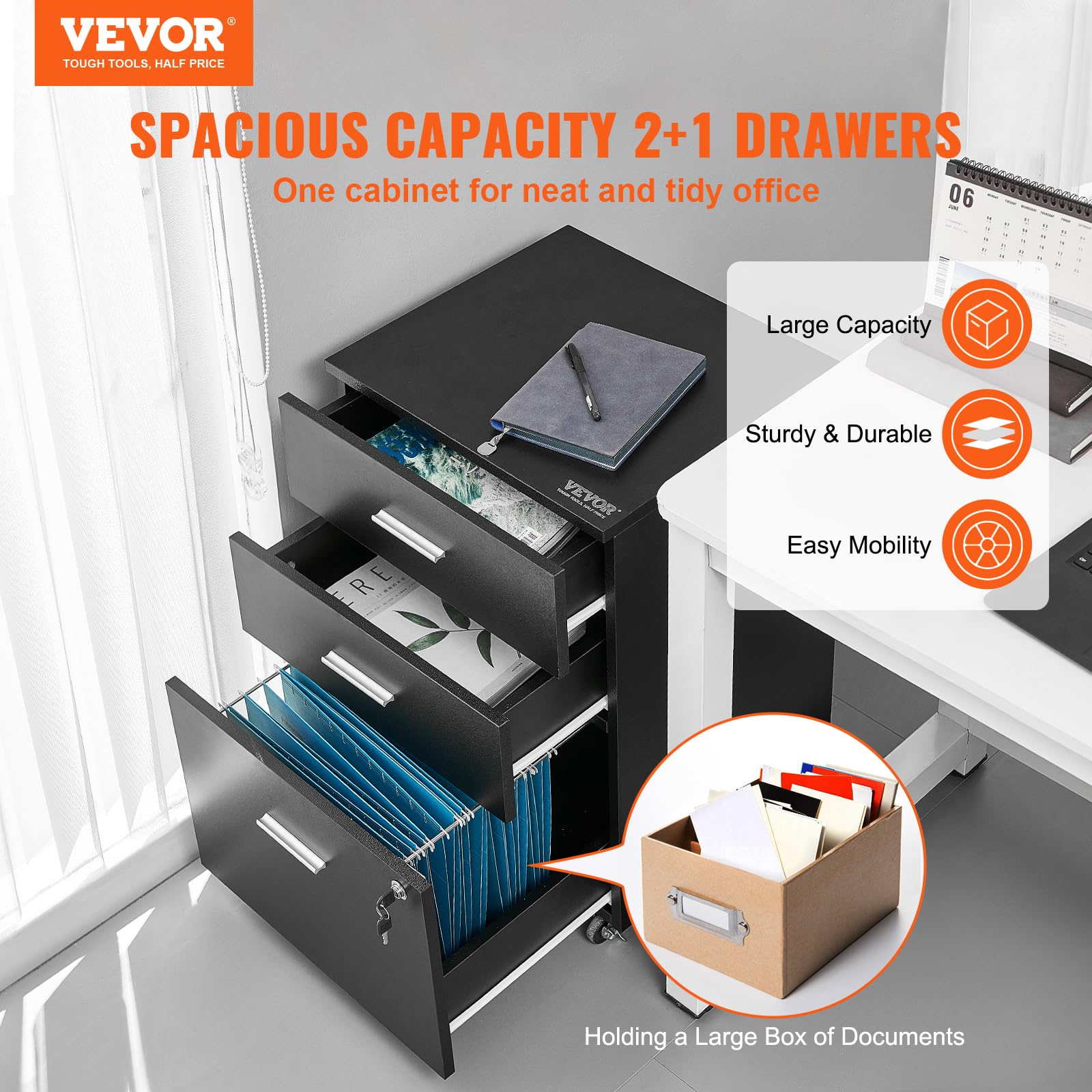 VEVOR 3-Drawer Wood File Cabinet with Lock - Letter/A4 Size Office Storage - 5-Wheel Rolling Design for Home & Office - Black - Perfect for Document Organization & Workspace Storage