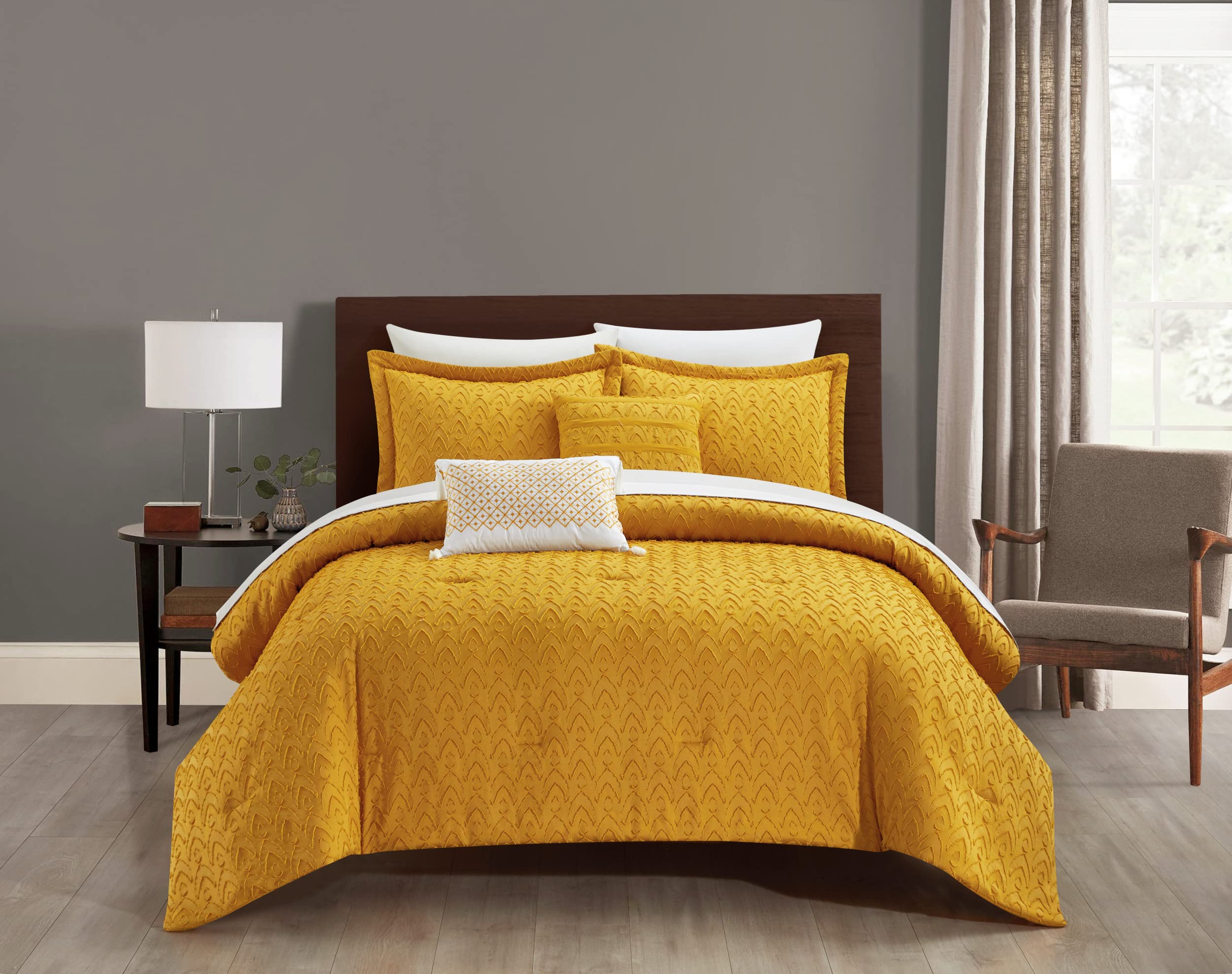 Chic Home Reign 5-Piece King Size Comforter Set - Jacquard Geometric Pattern Bedding with Decorative Pillow Shams, Mustard Yellow | Perfect for Master Bedroom, Guest Room & Luxury Home Decor