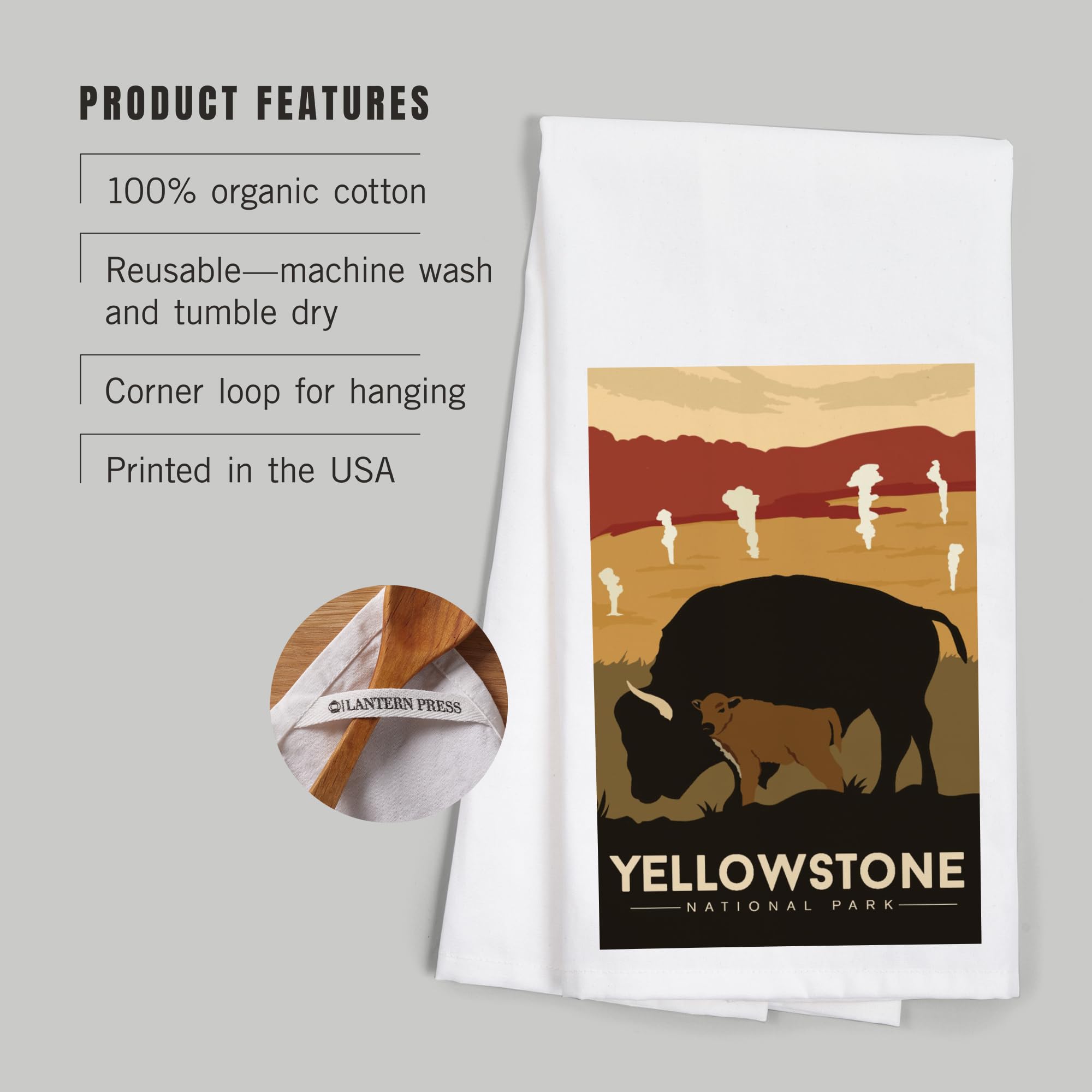 Lantern Press Yellowstone National Park Bison and Calf Tea Towel - 100% Cotton Decorative Hand Towel for Kitchen & Home Decor - Perfect for Dish Drying, Gift Giving, and Cabin Decor