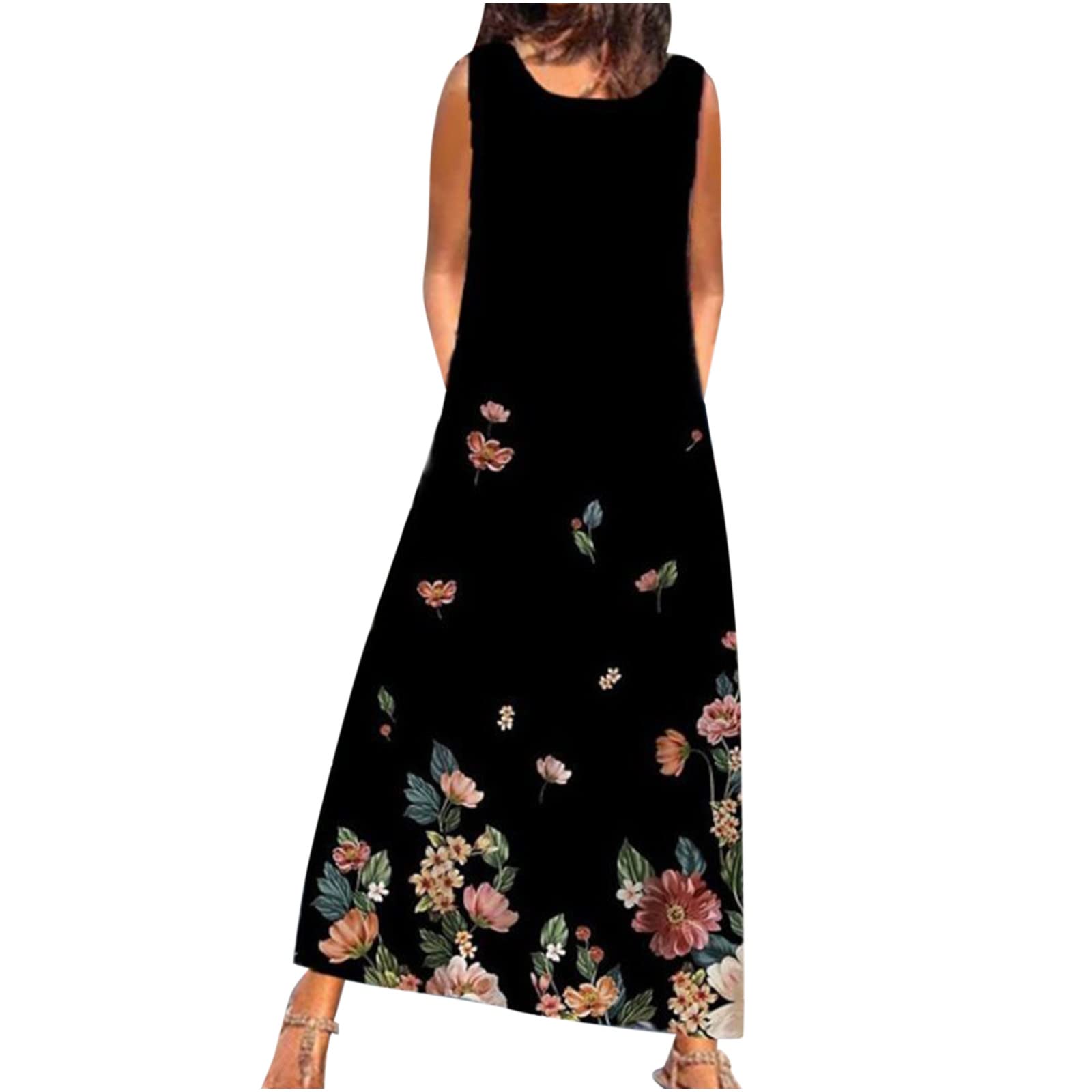 Vifucz Women's Summer Beach Dress - Flowy Sleeveless Long Dress with Pockets, Round Neck & Floral Print | Perfect for Vacation, Poolside, and Casual Outings
