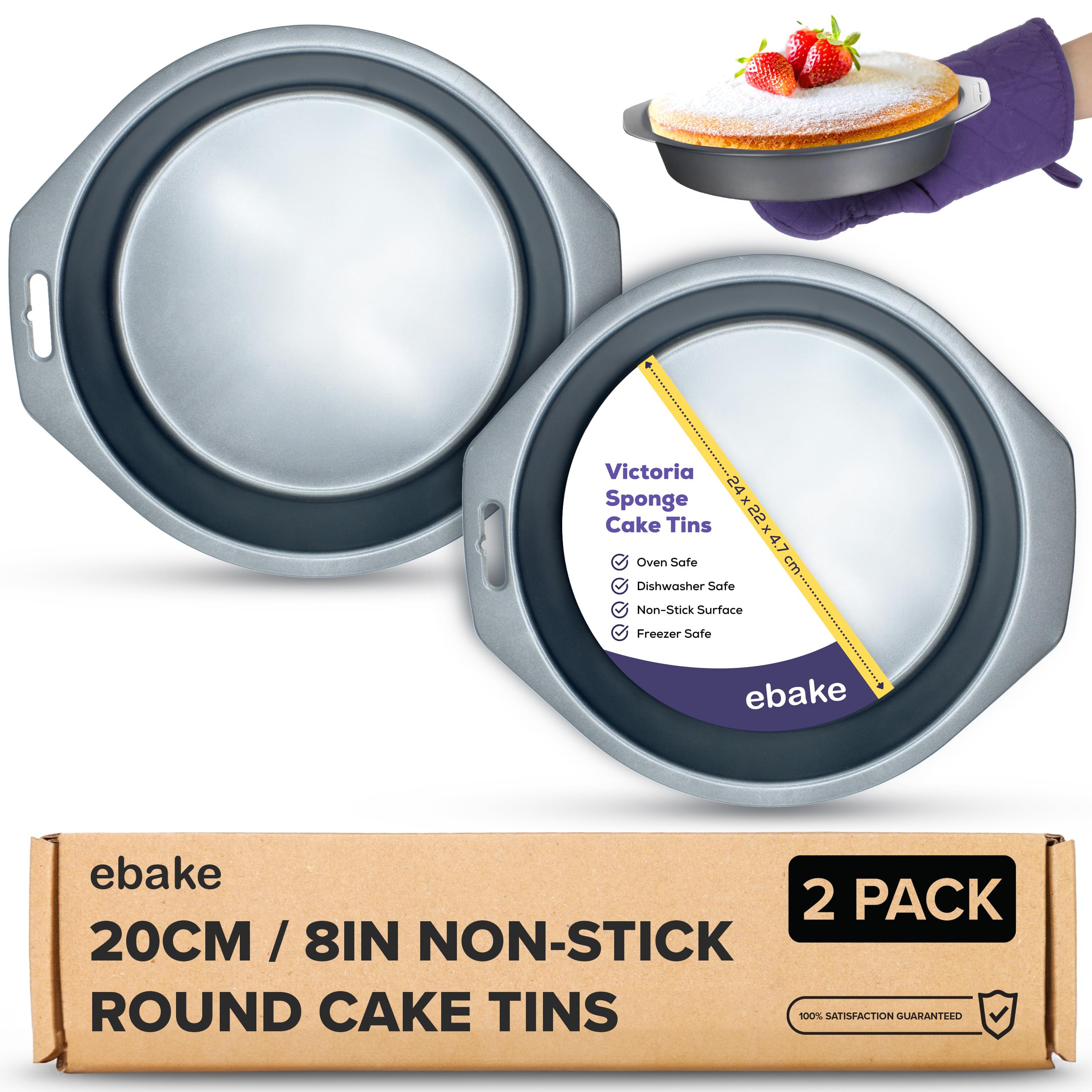 ebake Victoria Sponge Cake Tins - 2 Pack 8 Inch Non-Stick Round Cake Pans for Baking Cakes, Pies, Puddings - Easy Clean Black Carbon Steel Fixed Base with Handles - Perfect for Birthday Cakes, Tea Parties & Holiday Desserts