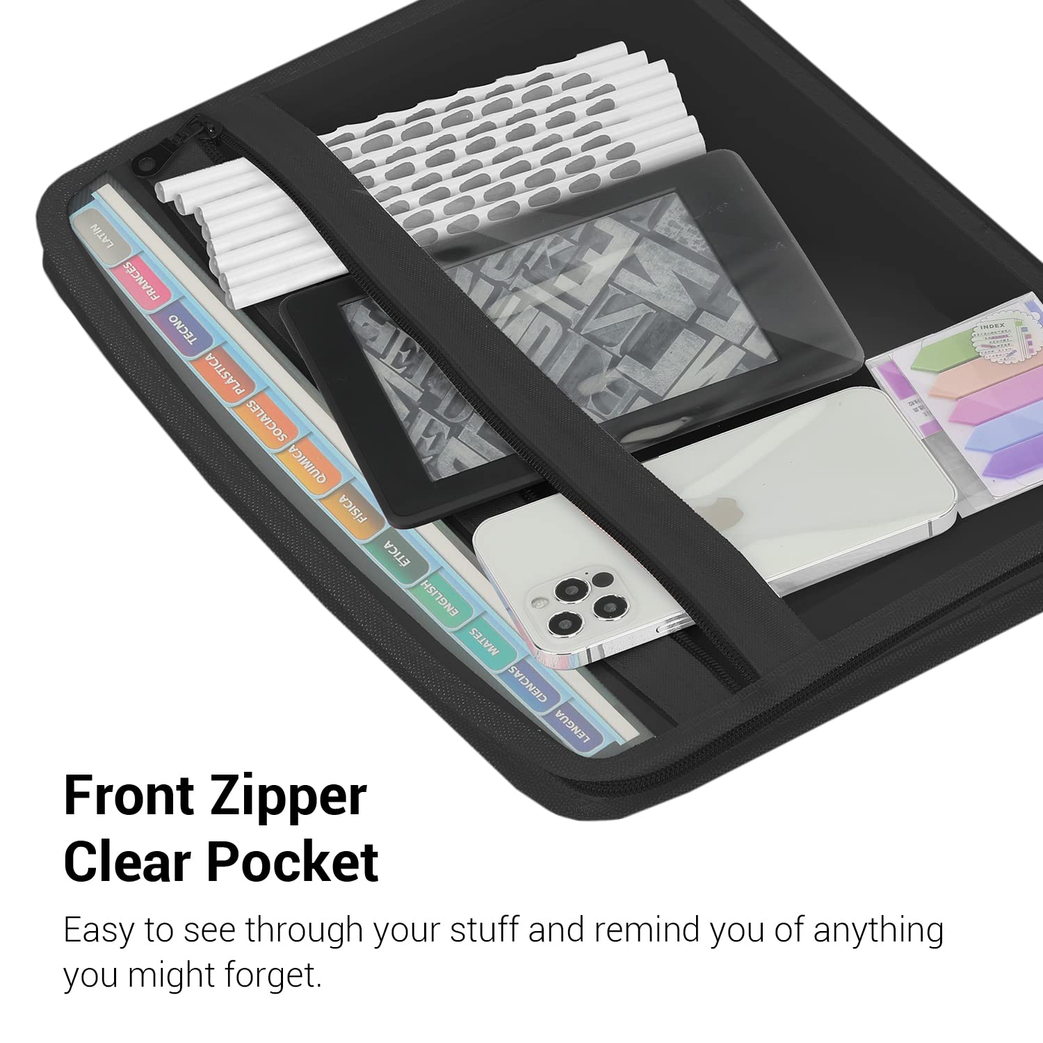 13-Pocket Expanding File Folder with Zipper - Black Accordion Document Organizer for Papers, Letters & Receipts - Expandable File Holder with Clear Front Pouch for Office, School & Home Organization