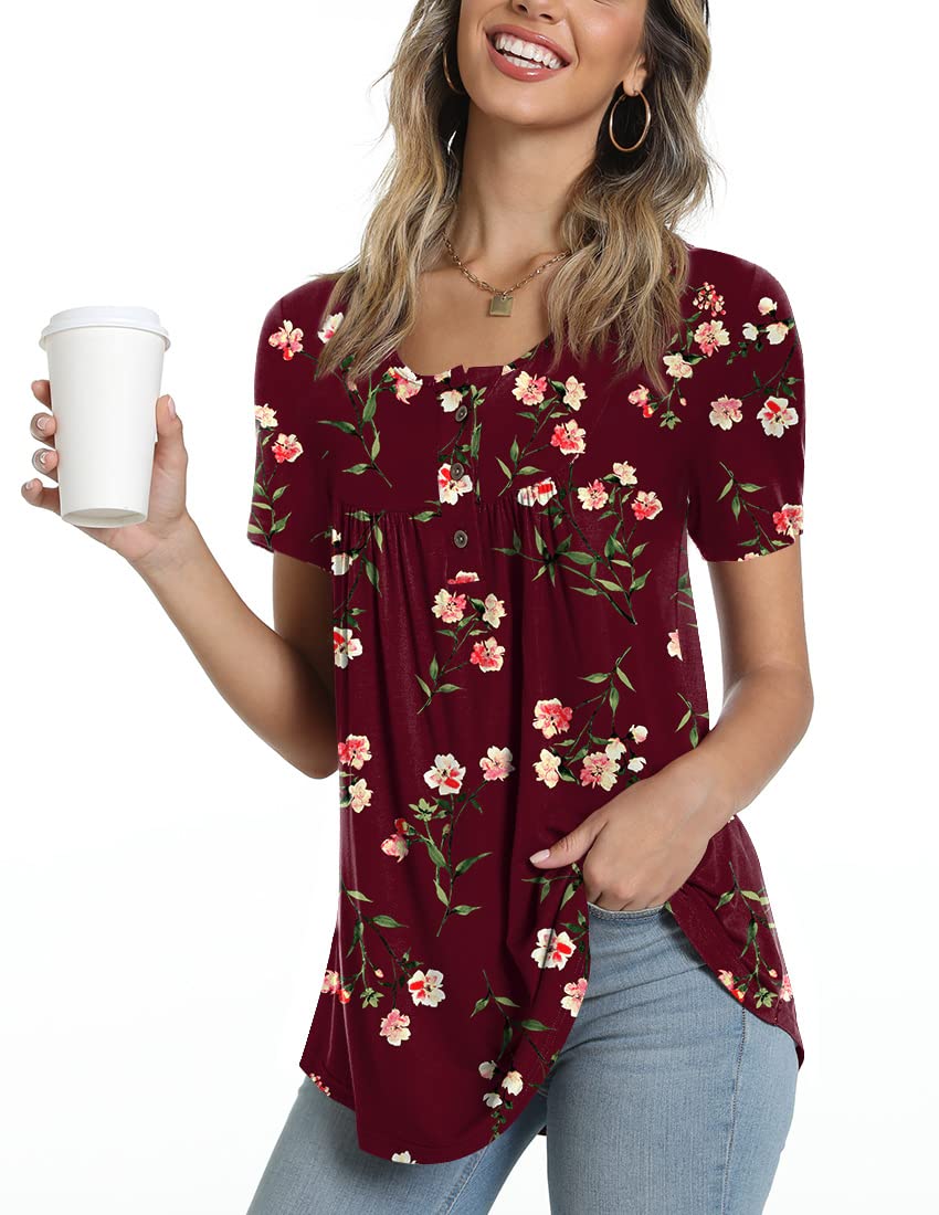 POPYOUNG Women's Summer Henley Shirts - Casual Short Sleeve Button Up Tunic Tops & Blouse Tees for Outdoor, Work & Vacation Wear