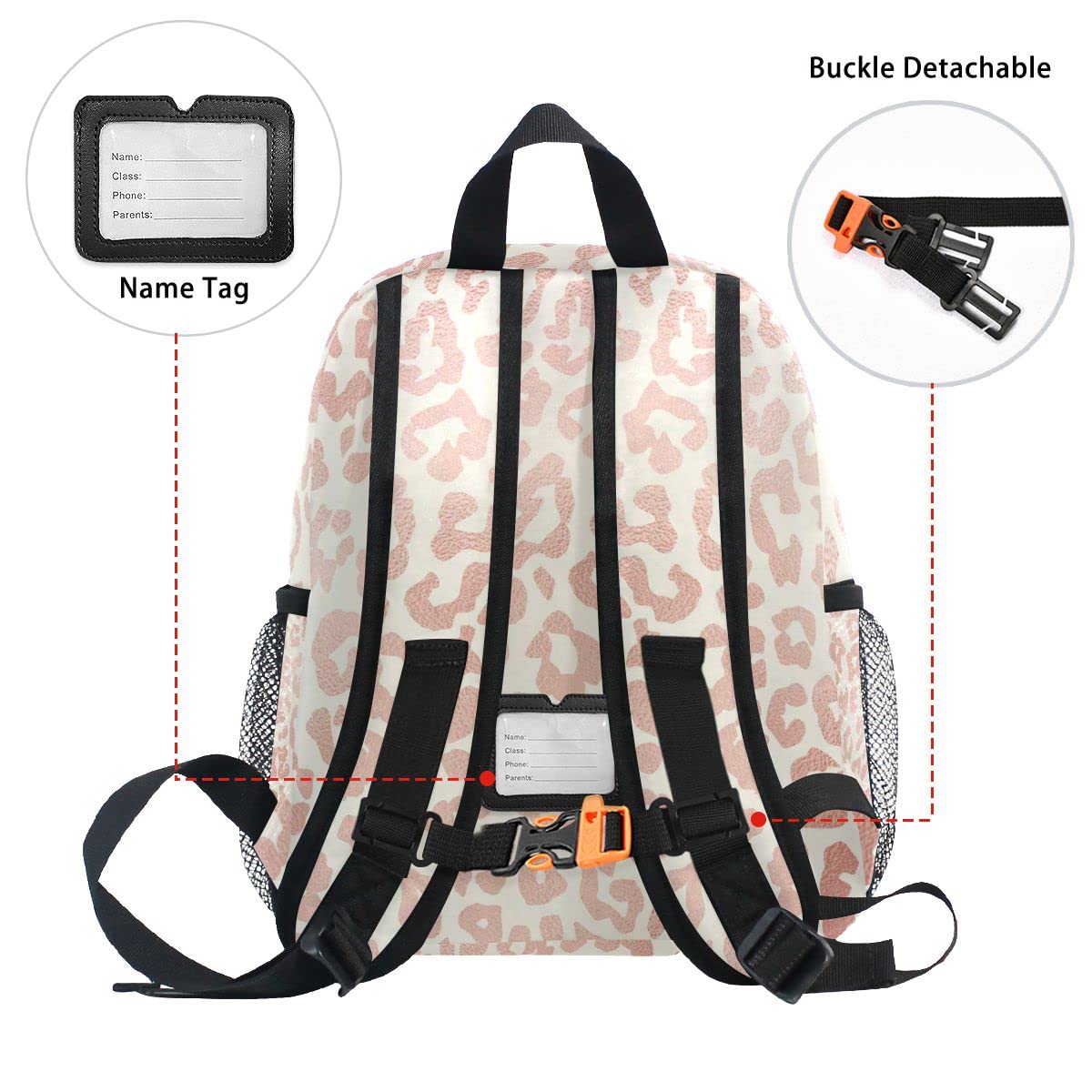 Personalized Preschool Backpack with Adjustable Chest Strap - Custom Name/Text Daycare Bag for Toddlers, Rose Gold Leopard Print Cheetah Design - Perfect for Nursery, Daycare, Travel & Diaper Storage (Toddler Size)