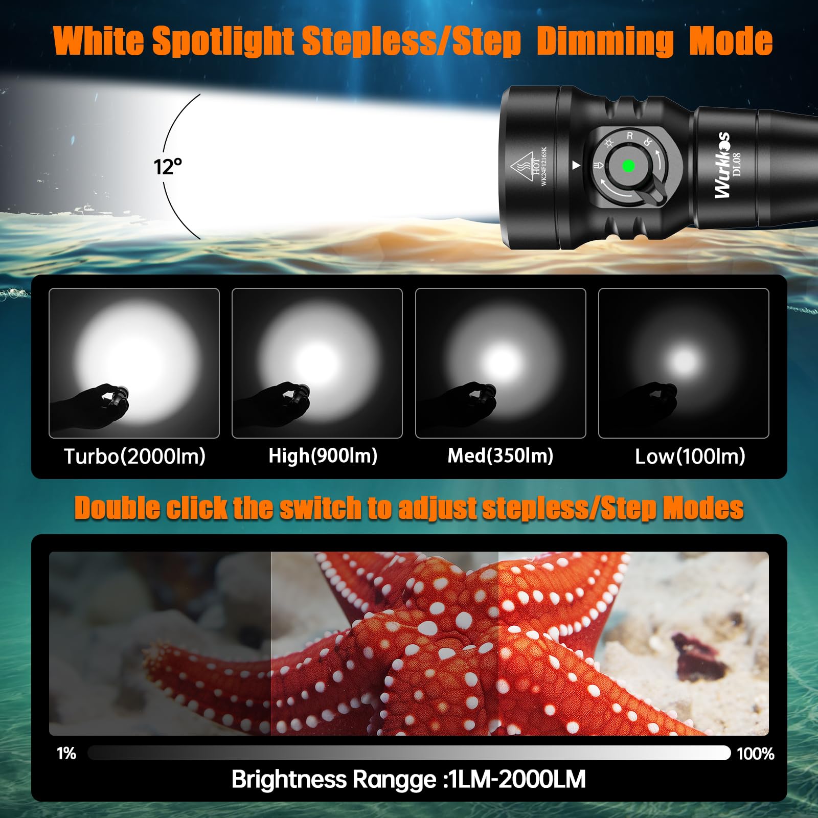 Wurkkos DL08 3600 Lumens Rechargeable Scuba Diving Light with Red & UV Modes, IP68 Waterproof Underwater Flashlight with Adjustable Brightness & 5000mAh Battery - Perfect for Night Diving, Cave Exploration & Underwater Photography