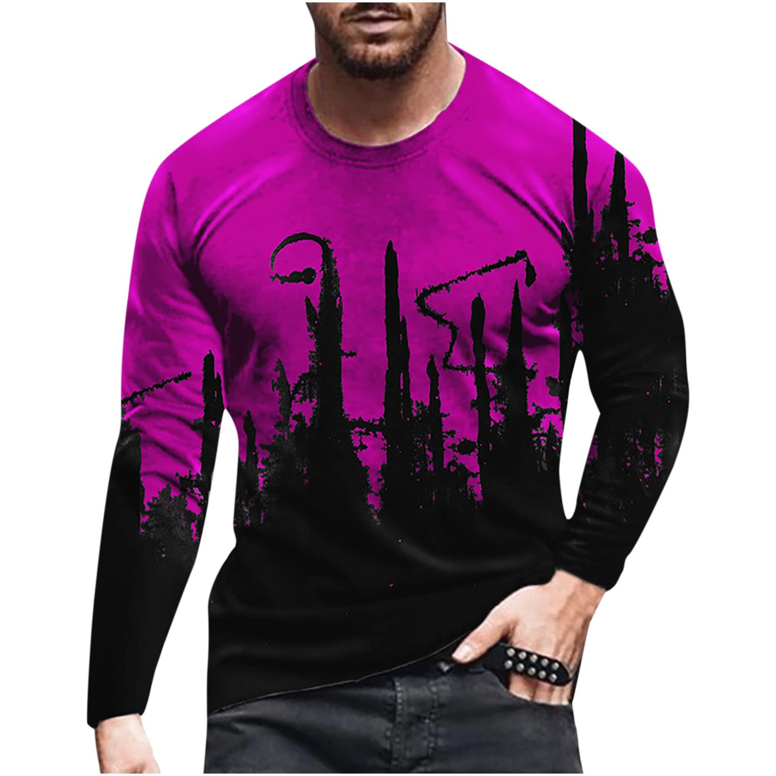 Men's Long Sleeve Black T-Shirt - Casual Contrast Color Print Round Neck Hipster Workout Tee for Gym, Streetwear & Everyday Fashion