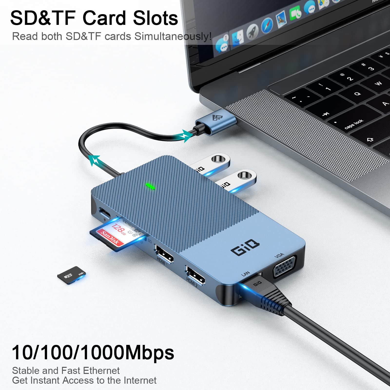 Premium USB C Docking Station with Dual HDMI & VGA - 4K Triple Display USB 3.0 Hub Adapter for MacBook M1/M2, Windows Laptops - Multi-Monitor HDMI Splitter Extender for Home Office & Gaming Setup (Blue)