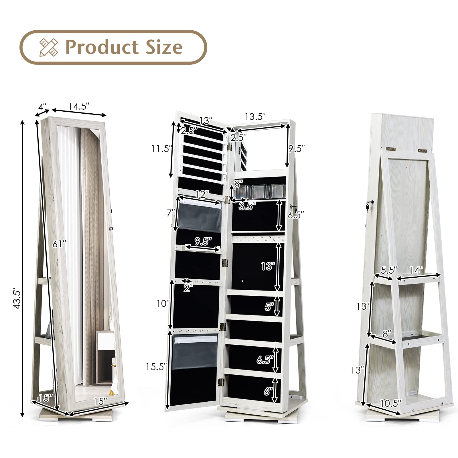 COSTWAY 360° Rotating Jewelry Armoire Cabinet with Full-Length Mirror - Lockable Standing Jewelry Organizer for Women & Girls, Large Storage Space for Necklaces, Rings & Accessories (White) - Perfect for Bedroom, Dressing Room & Closet Organization
