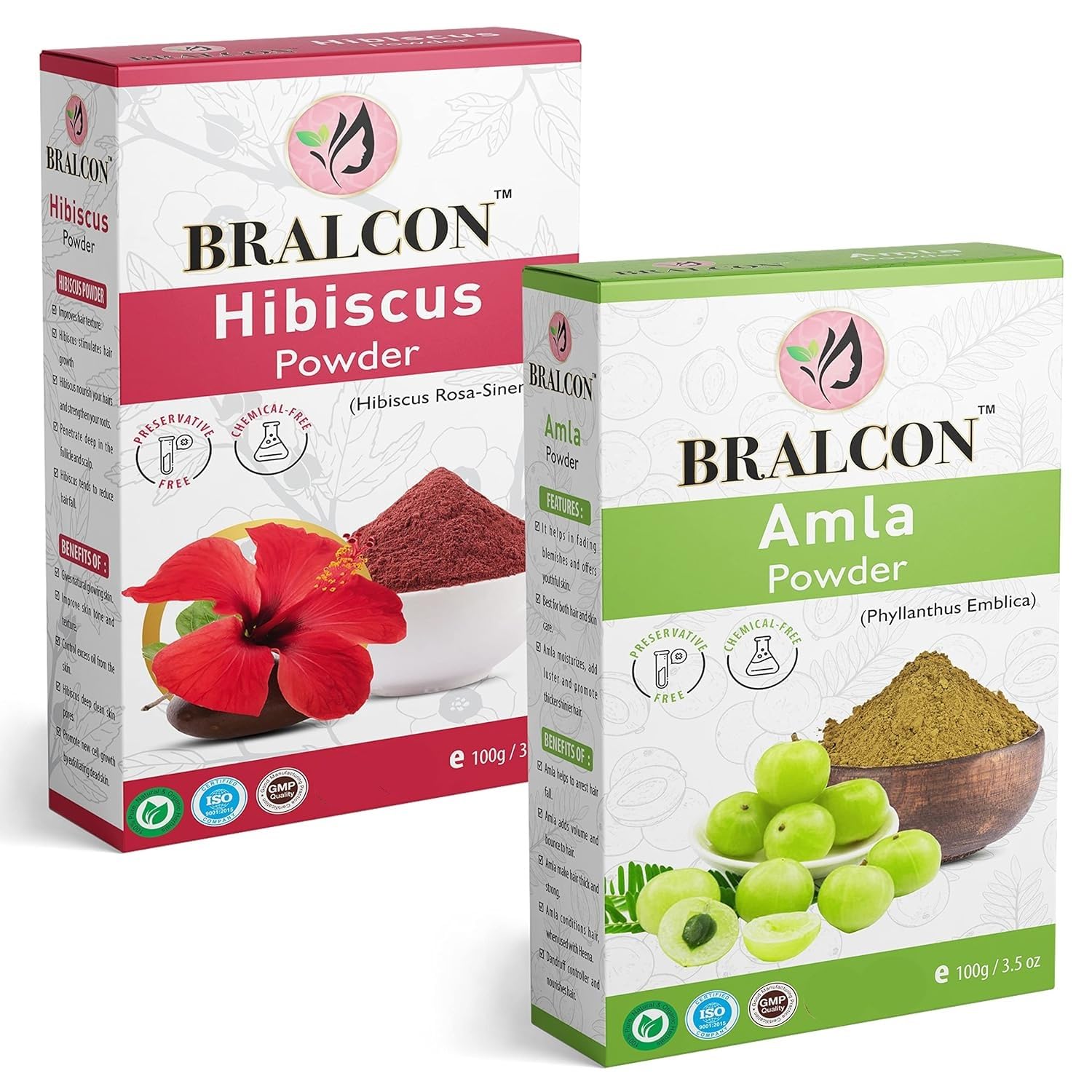 BRALCON Organic Amla Powder & Hibiscus Powder Combo - 200g (100g x 2) | 100% Pure Natural Indian Gooseberry & Hibiscus Powder for Hair Growth, Hair Care & Skin Care | DIY Hair Masks, Scalp Treatment & Natural Beauty Recipes