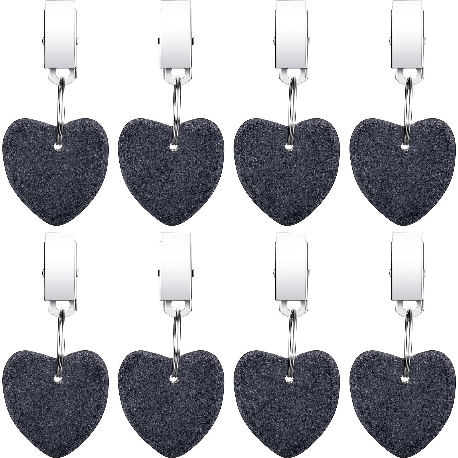 Heart-Shaped Tablecloth Weights with Stainless Steel Clips - 8 Pack Dark Gray Stone Table Clamp Weights for Outdoor Picnics, Family Dinners & Party Decorations