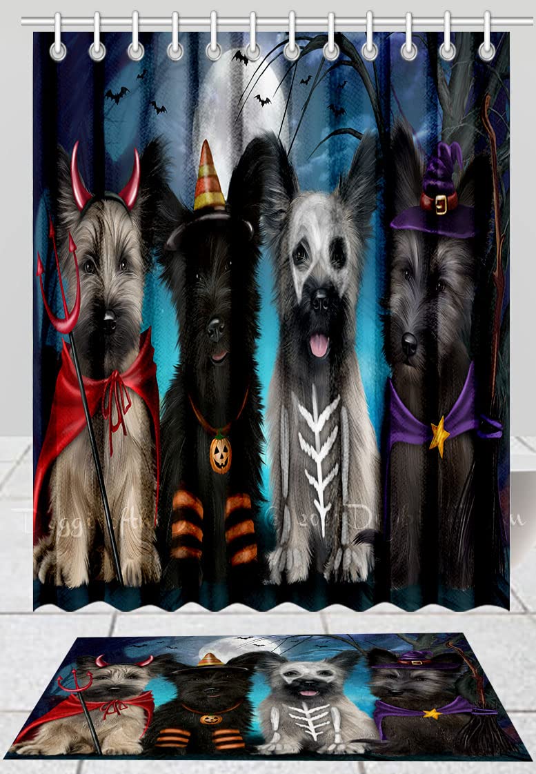 Halloween Skye Terrier Dog Bath Mat & Shower Curtain Set - Non-Slip Bathroom Decor, Plush Rug & Polyester Curtain with Hooks (Mat 16
