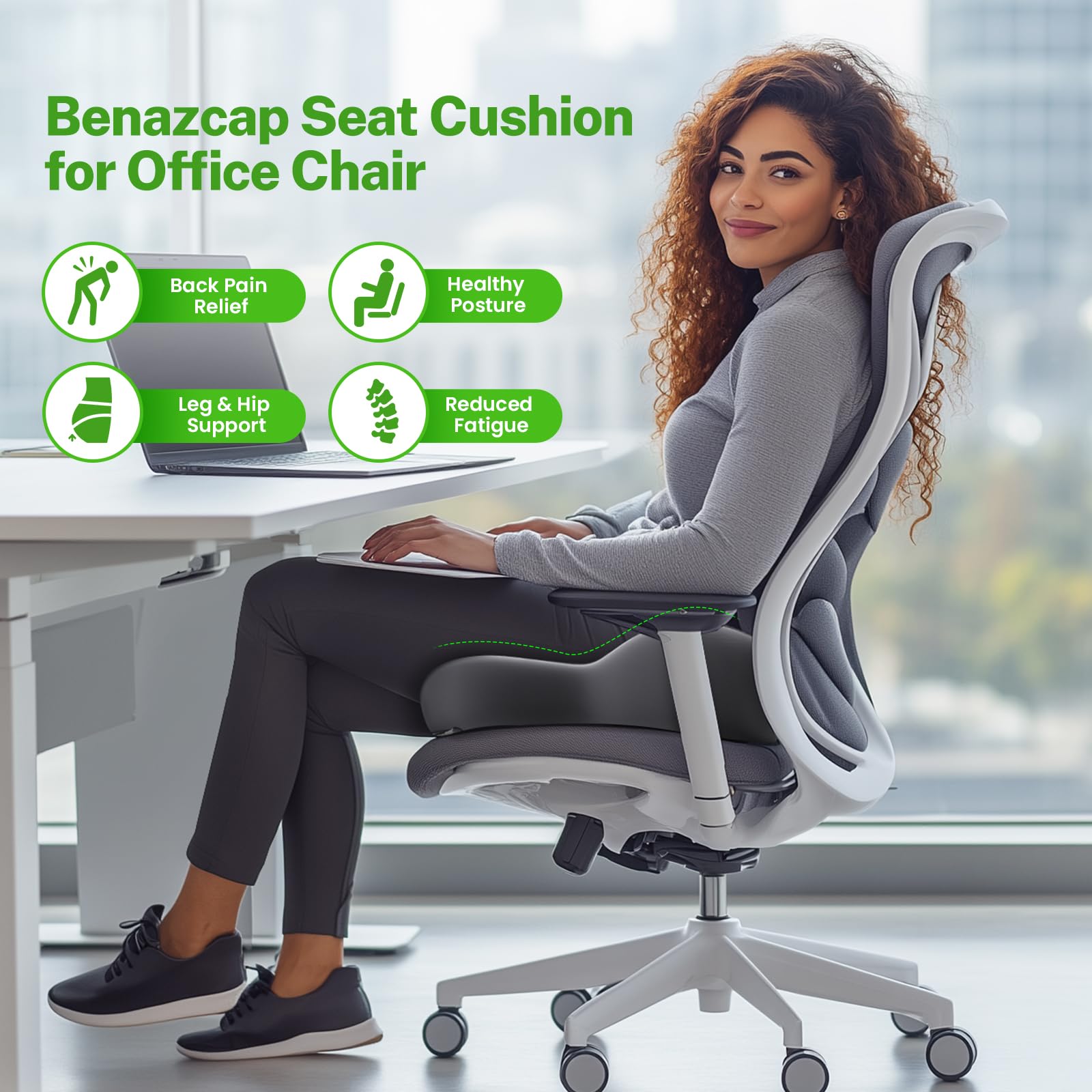 Benazcap X Large Orthopedic Seat Cushion for Sciatica & Tailbone Pain Relief - 2024 Upgraded Memory Foam Office Chair Cushion, Ergonomic Desk & Wheelchair Cushion - Perfect for Office, Car, Gaming & Long Sitting Sessions