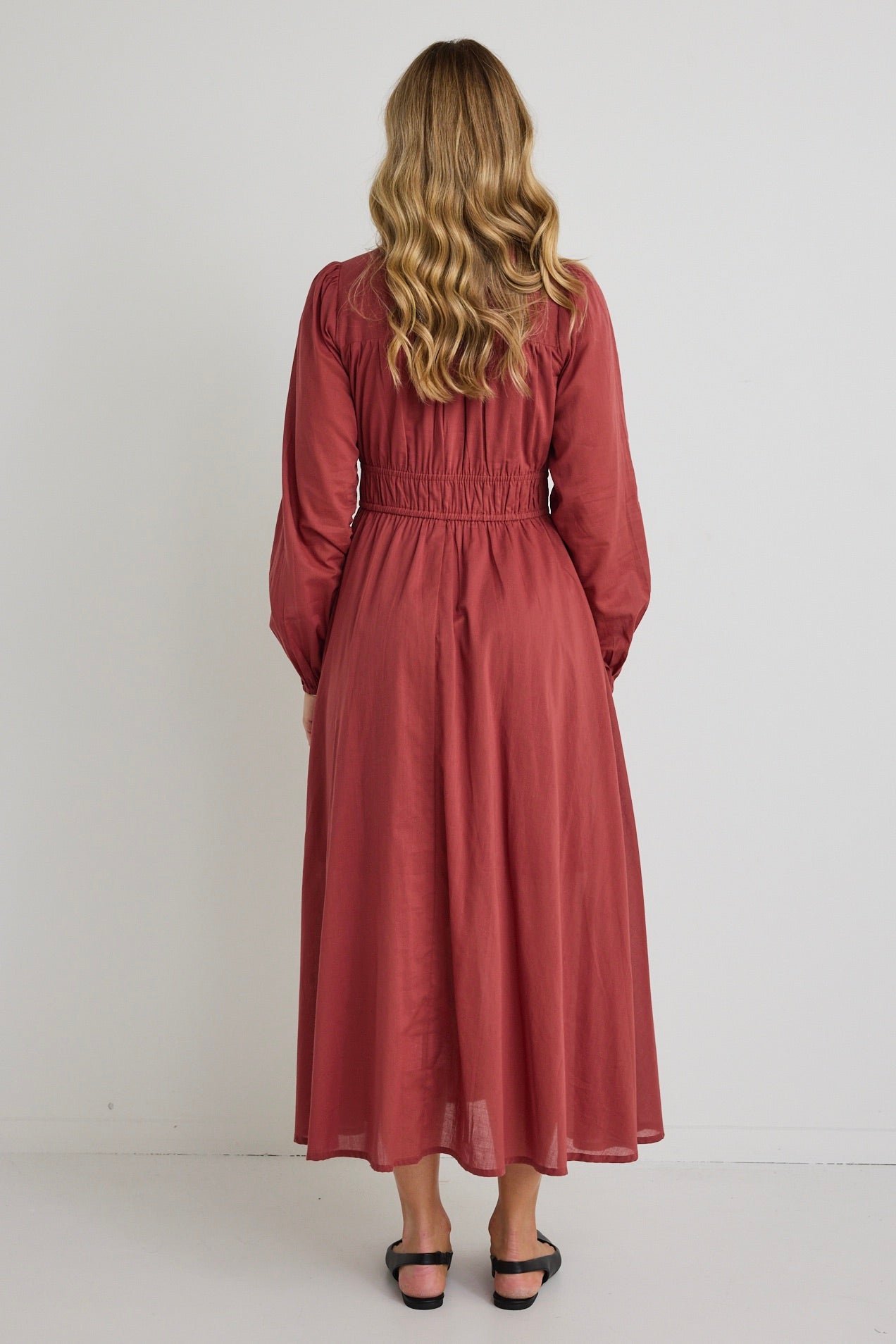 Gala Clay Long Sleeve Button Front Tiered Maxi Dress for Women | Elegant Boho Chic Flowy Dress for Fall Weddings, Parties & Special Occasions