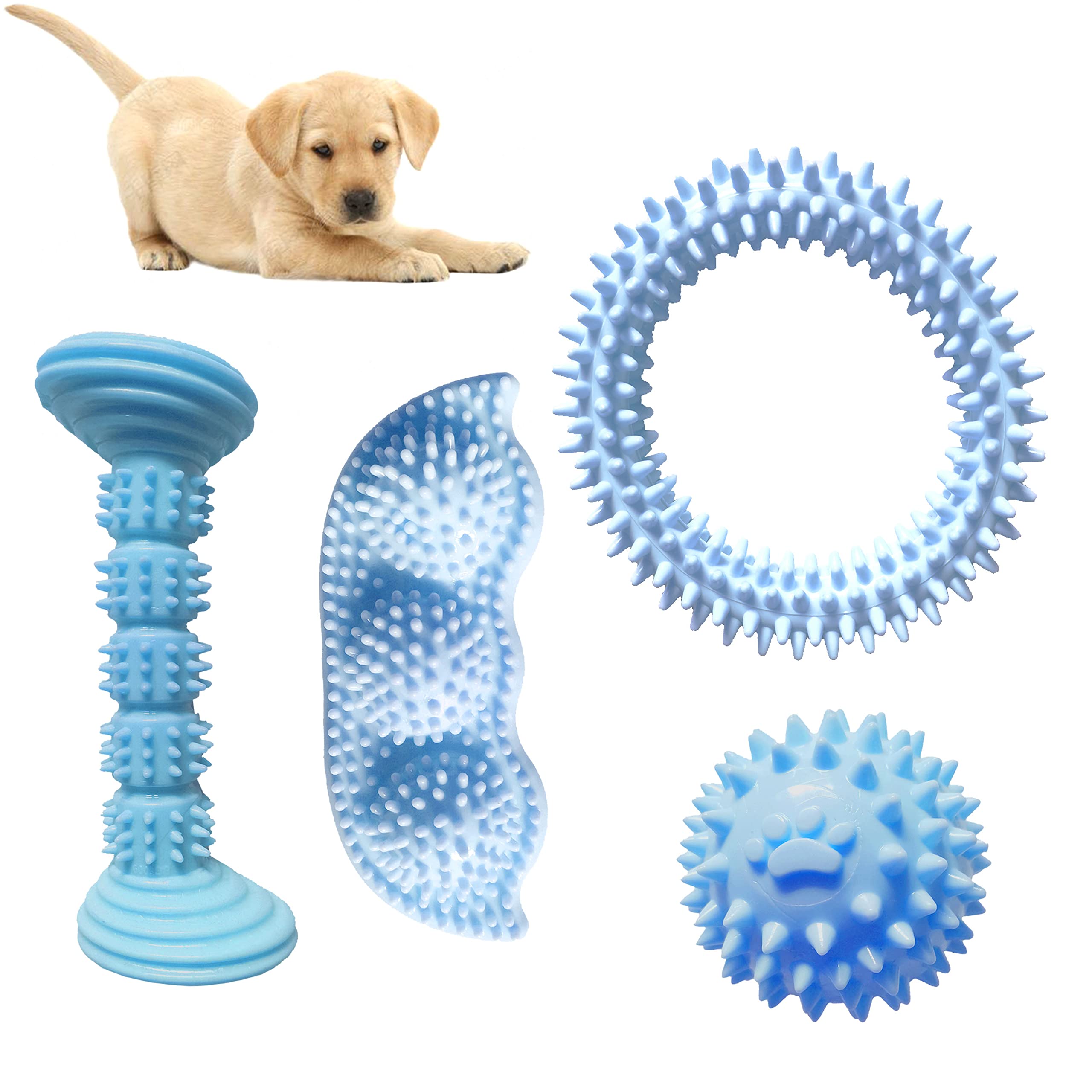 2-8 Months Puppy Teething Chew Toys - Interactive Dog Chew Toys for Teething Puppies to Soothe Itchy Gums & Clean Teeth - Soft Rubber Toothbrush Toy for Small Dogs (4-Pack, Pink & Blue) - Perfect for Puppy Training, Dental Care & Playtime Relief