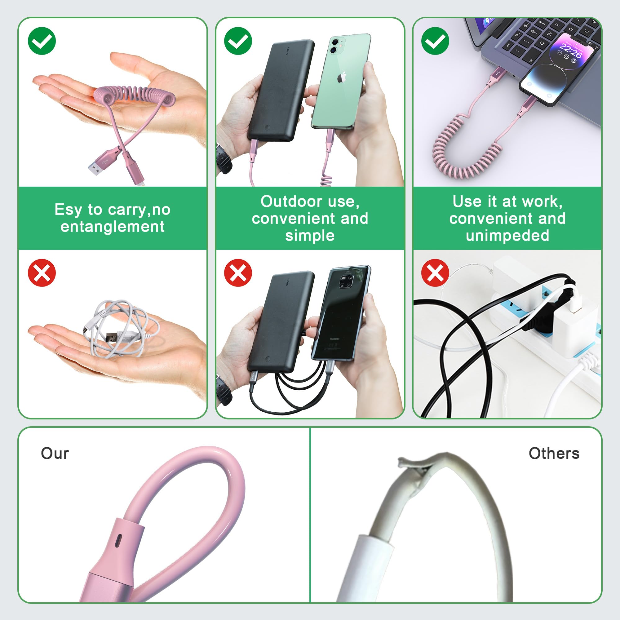 Apple MFi Certified Coiled Lightning Cable - Short Retractable iPhone Car Charger with Data Sync for iPhone/iPad/iPod (Pink) | Fast Charging & Durable for Carplay, Home, Office & Travel Use