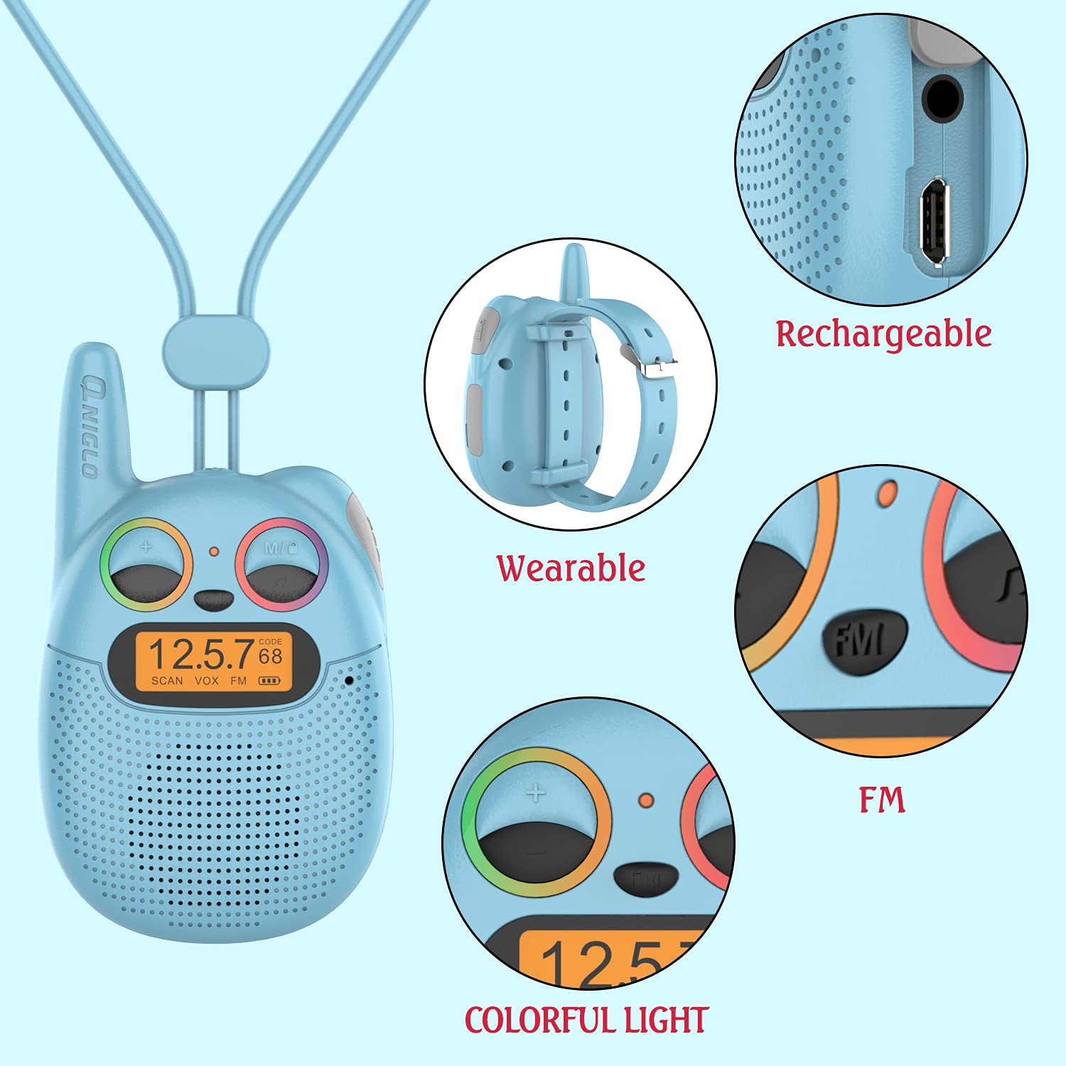 Qniglo Rechargeable Kids Walkie Talkies - 3 Pack with FM Radio | Best Christmas & Birthday Gift for Boys & Girls Ages 3-12 | Perfect for Outdoor Adventures, Camping, Hiking & Backyard Games