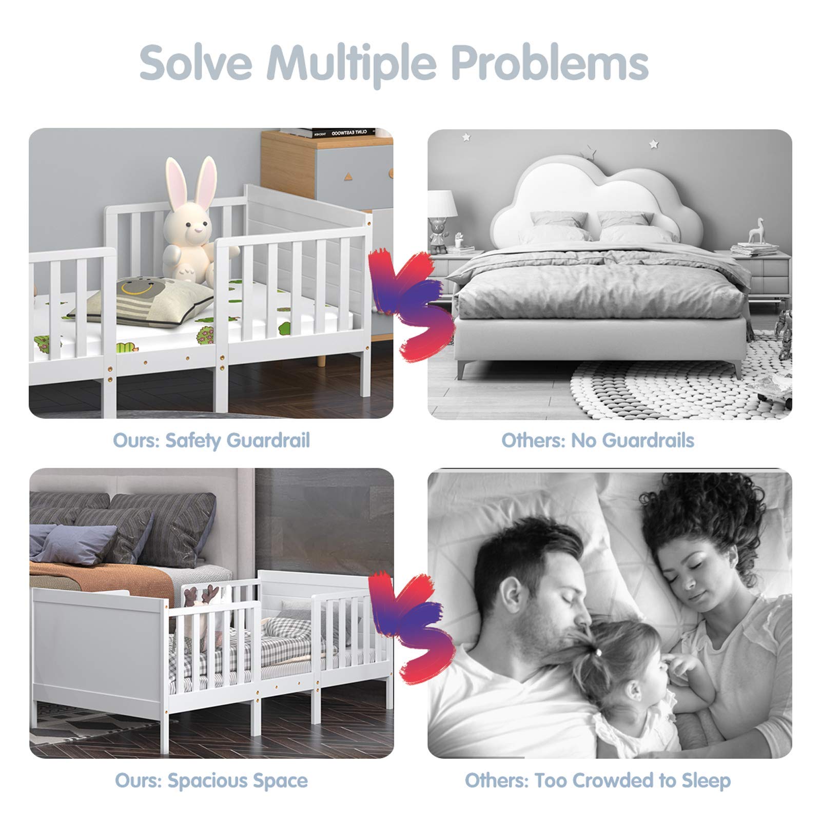 Costzon 2-in-1 Convertible Wood Toddler Bed Frame with Safety Guardrails & Footboard - White Kids Floor Bed for Boys & Girls - Fits Full Size Crib Mattress - Perfect for Nursery, Daycare or First Big Kid Bed