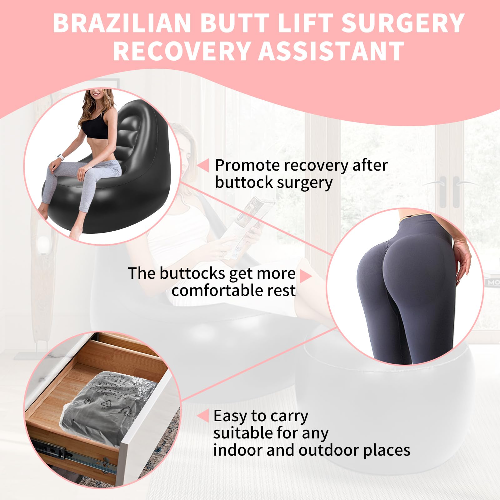 Inflatable Chair Sofa with Hole for Post-Surgery Recovery - BBL Support Cushion with Electric Air Pump & Ottoman - Comfortable Seating for Brazilian Butt Lift, Pregnancy & Relaxation (Black) - Perfect for Home, Hospital & Office Use