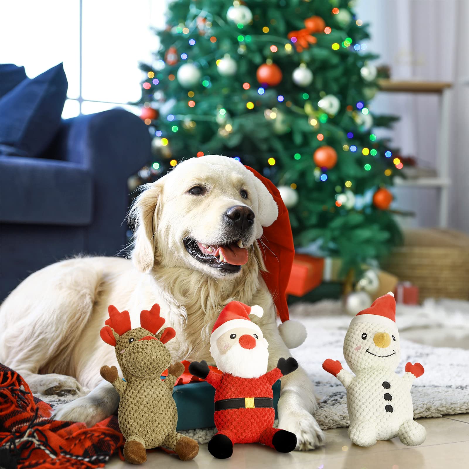 Senneny 3 Pack Christmas Dog Toys - Santa, Reindeer & Snowman Plush Squeaky Toys for Puppies & Dogs | Interactive Chew Toys for Small, Medium & Large Breeds | Perfect for Holiday Playtime & Training Gifts