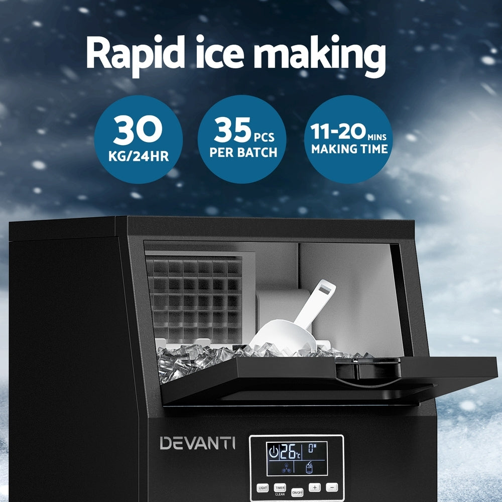 Devanti 30kg Commercial Ice Maker Machine - High-Capacity Cube Ice Maker for Restaurants, Bars, and Catering Businesses - Perfect for Large Events and Food Service Establishments