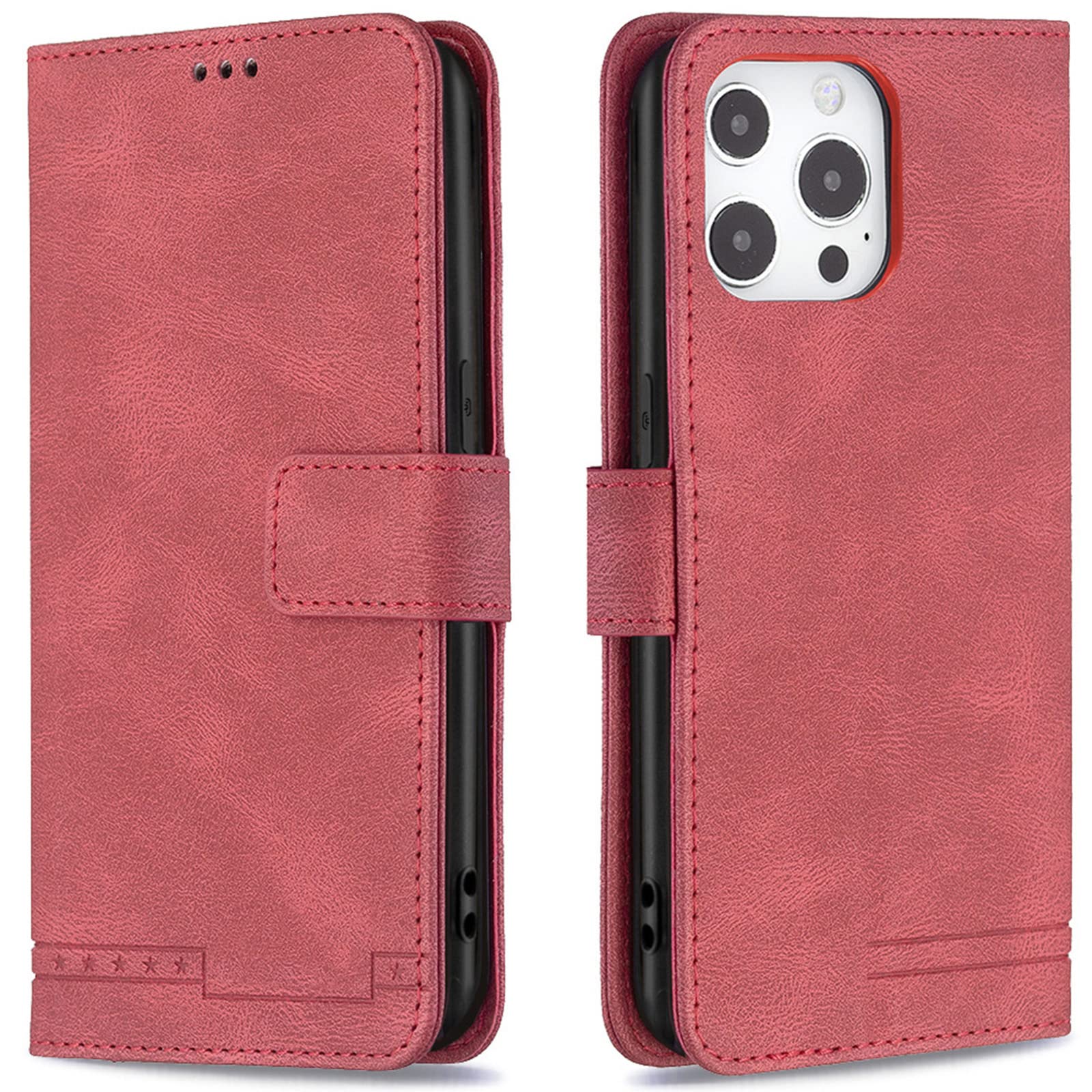 Genuine Leather Flip Wallet Case for iPhone 13 Pro Max/13 Pro/13/13 Mini with RFID Blocking, Card Slots, Kickstand & Magnetic Protection - Shockproof TPU Cover (Red, 5.4