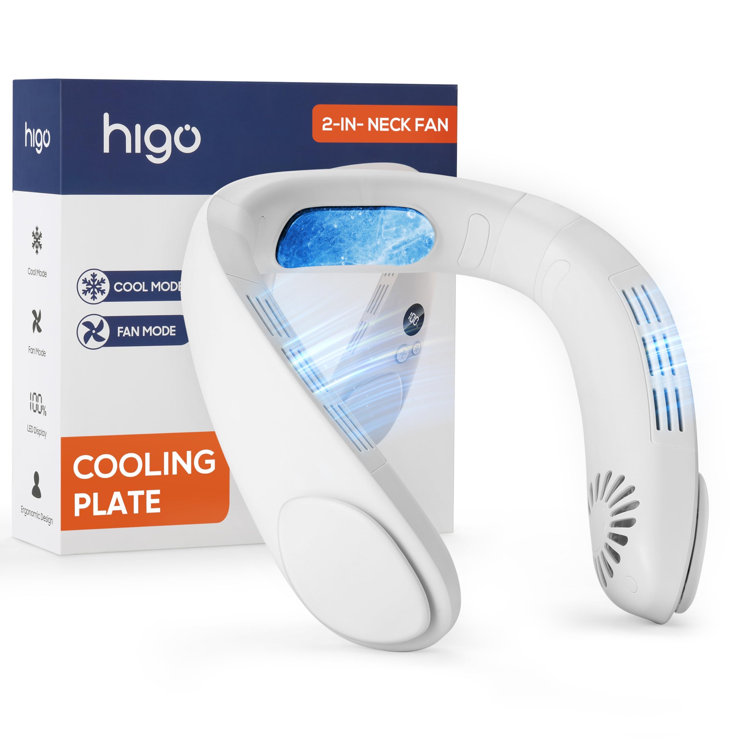HIGO CoolMaster Pro Neck Fan - Portable Rechargeable Wearable Personal Air Conditioner with 4400mAh Battery | 2-in-1 Cooling Neck Fan for Outdoor, Office & Travel | Ergonomic Design in White
