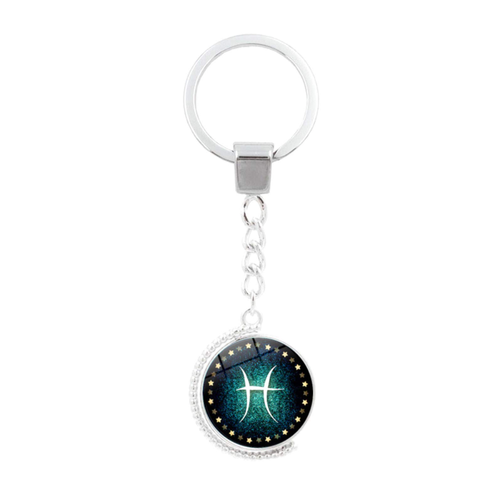 12 Constellations Double-Sided Rotatable Glass Cabochon Pendant Keychain - Zodiac Sign Key Ring for Women & Men - Perfect for Car Keys, Gifts & Daily Accessories