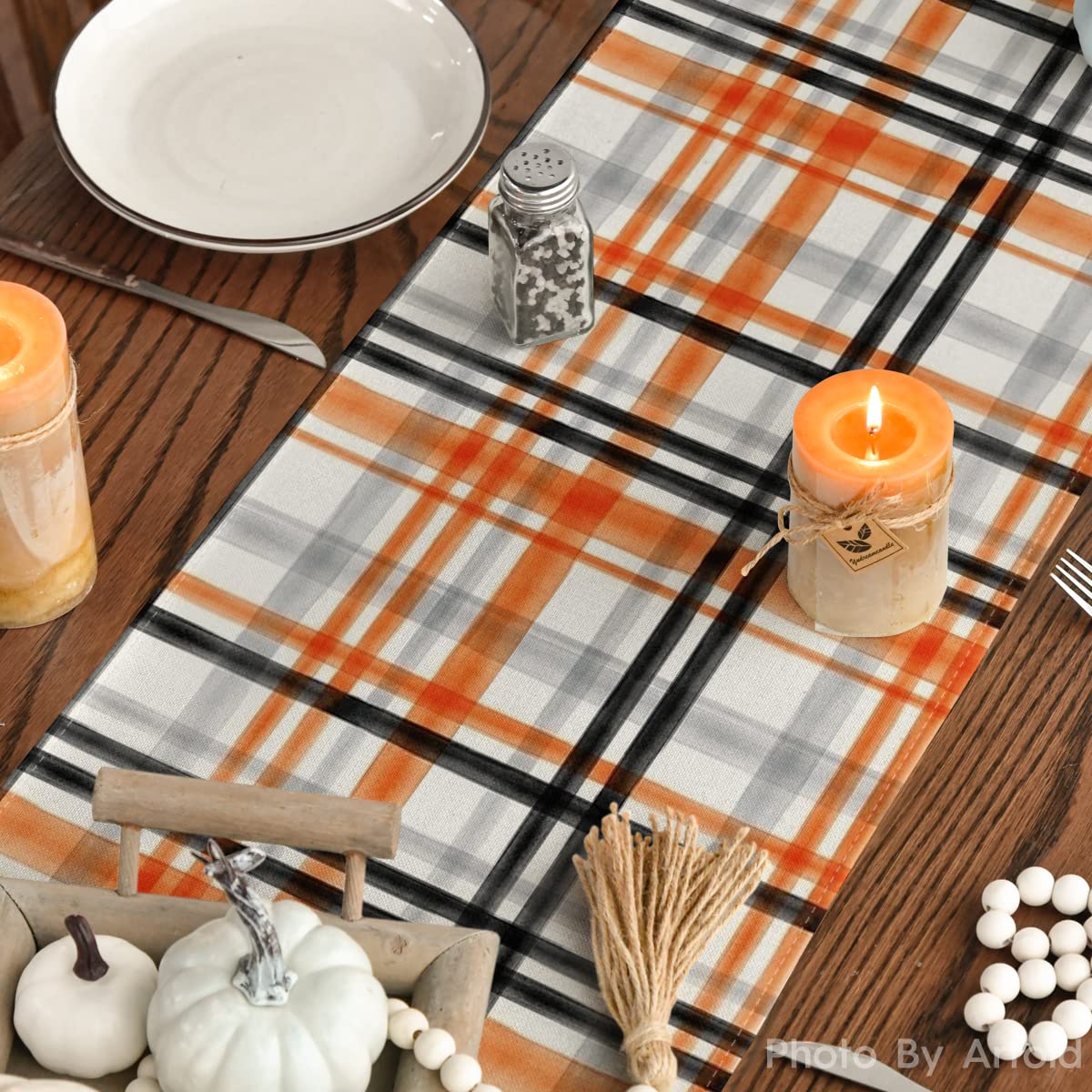 Orange Black Buffalo Plaid Fall Table Runner 13x72 Inch - Halloween Thanksgiving Kitchen Dining Decor for Home Outdoor Party | Seasonal Table Setting, Holiday Dinner Decoration, Autumn Centerpiece