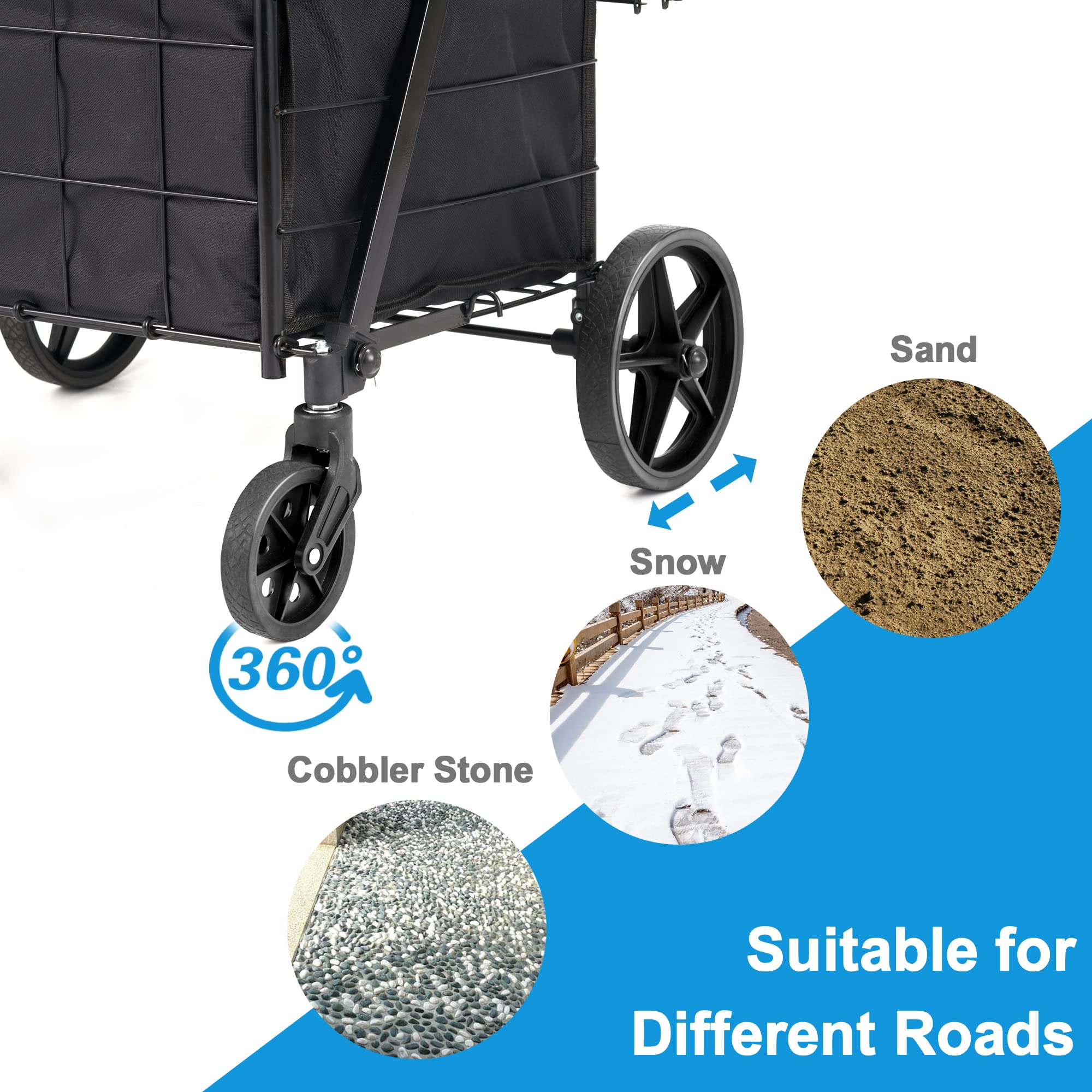 Foldable Heavy Duty Grocery Cart with Removable Liner - 360° Rolling Wheels & 220lb Capacity - Lightweight Shopping Trolley for Seniors & Laundry - Perfect for Grocery Shopping, Market Trips & Home Organization (Black)