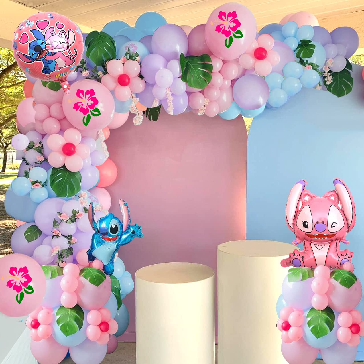 132Pcs Stitch Balloon Garland Arch Kit - Pink Foil Mylar Balloons for Girls Birthday Party Decorations, Baby Shower Supplies, Kids Disney Themed Celebration (Perfect for Indoor/Outdoor Party Decor)