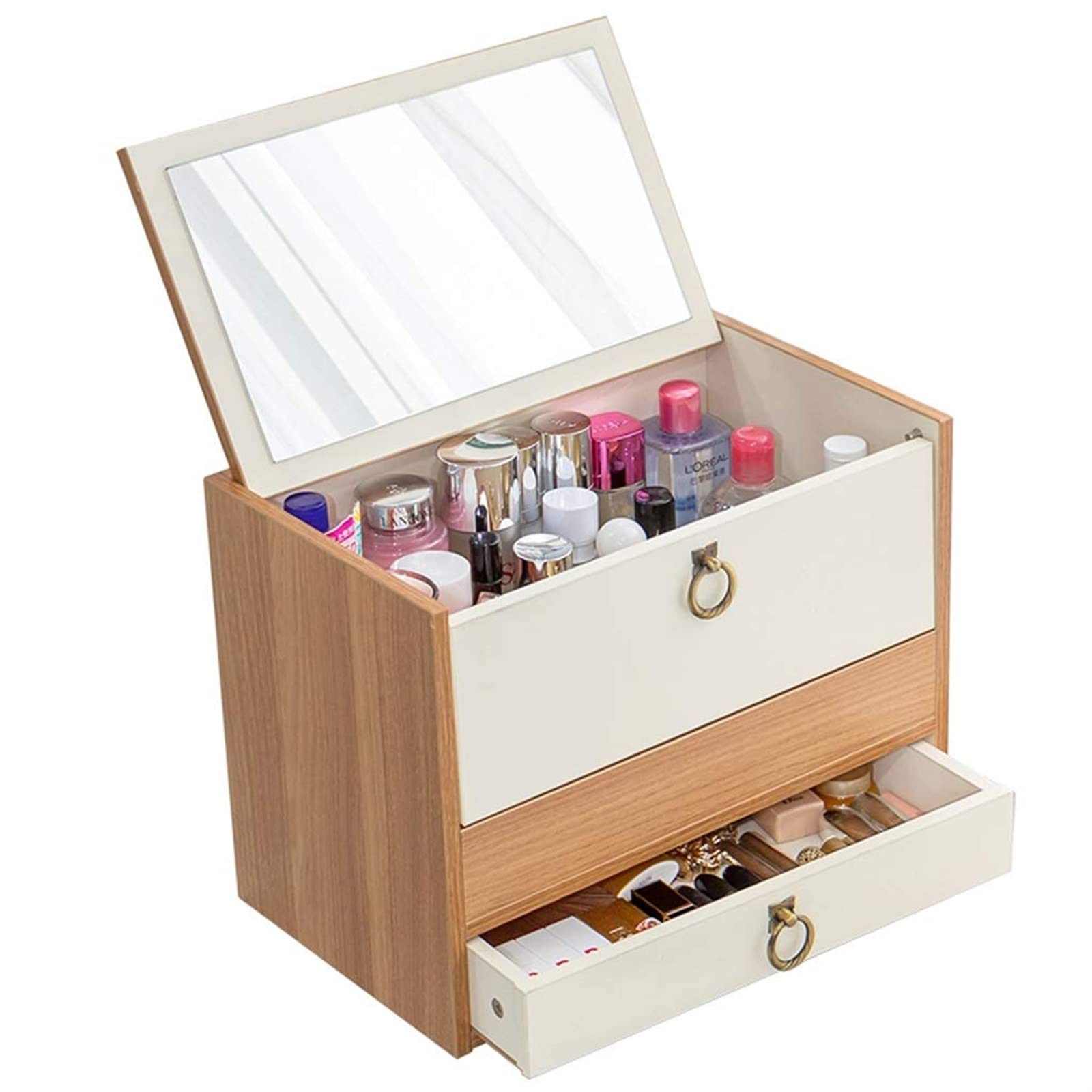 Wooden Cosmetic Storage Box with Mirror - Makeup Organizer for Lipstick, Skincare & Beauty Products - Desktop Dresser Drawer for Home, Bathroom & Vanity Organization