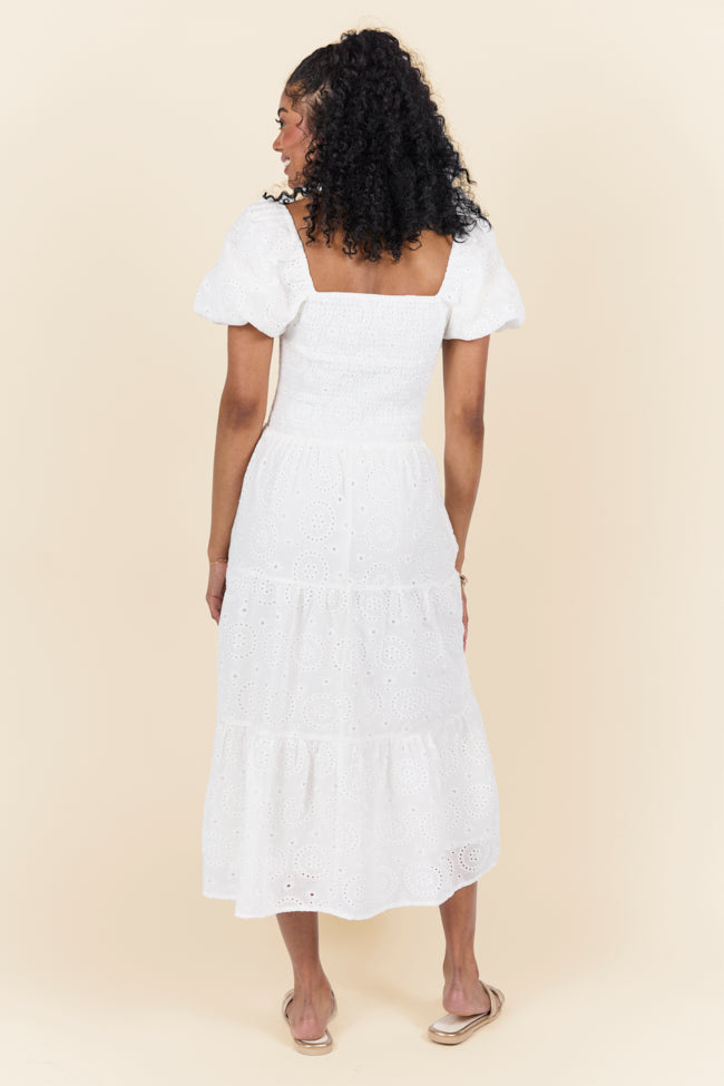 Forget Me Not White Eyelet Short Sleeve Midi Dress - Floral Lace Summer Dress for Women, Perfect for Beach Vacations, Garden Parties & Date Nights