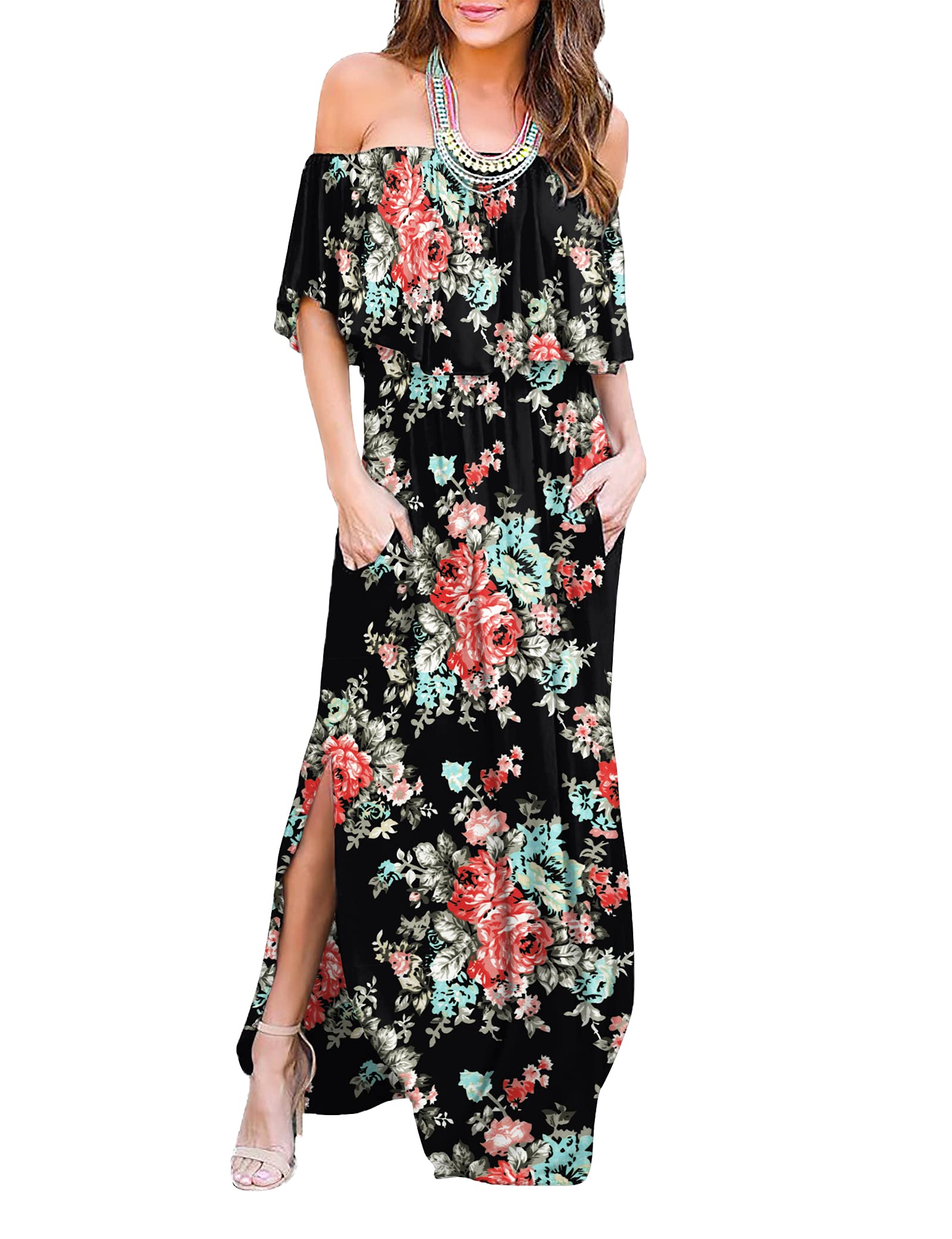 Women's Off-The-Shoulder Ruffle Party Dress with Side Slit - Flowy Beach Maxi Dress for Summer Weddings, Vacations & Night Out