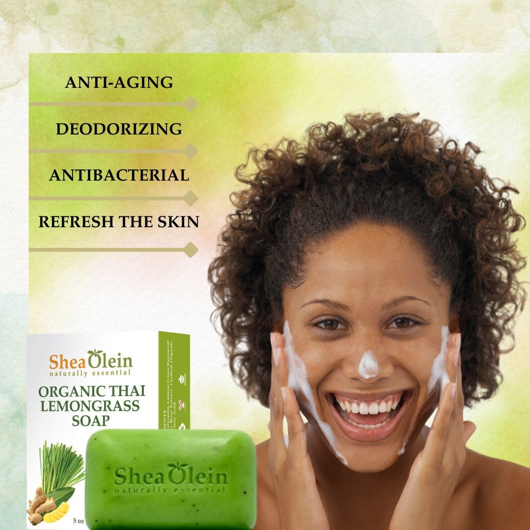 Organic Thai Lemongrass Shea Olein Soap Bar - Antibacterial, Anti-Odor with Tea Tree & Ginger Root - pH Balanced Natural Bar Soap for Refreshing Clean (5 oz, 6 Bars) - Perfect for Daily Shower, Spa Day & Travel Toiletries