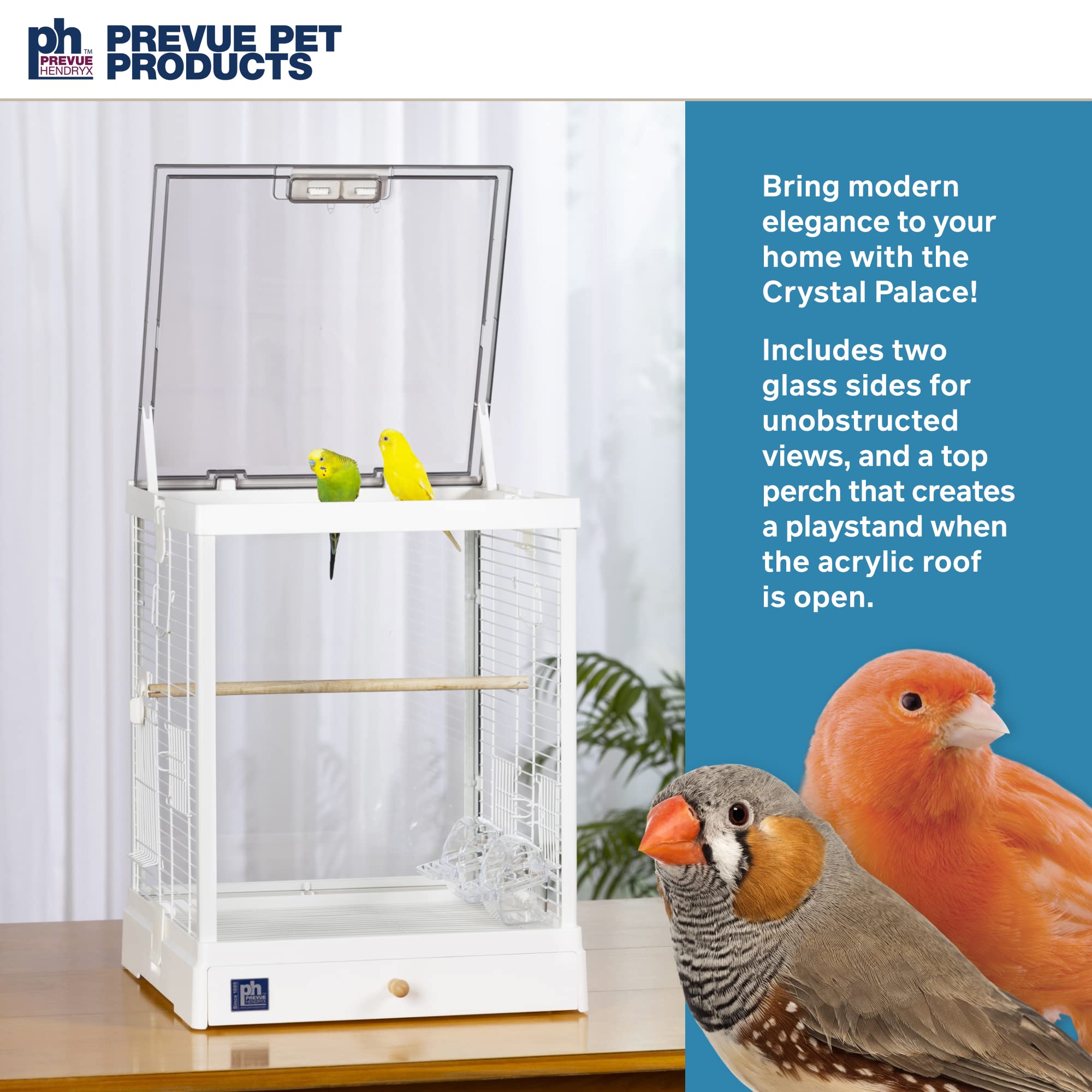 Prevue Pet Products Clear View Glass Bird Cage - Crystal Palace for Small Birds with White Frame | Perfect for Parakeets, Finches & Canaries at Home or Office