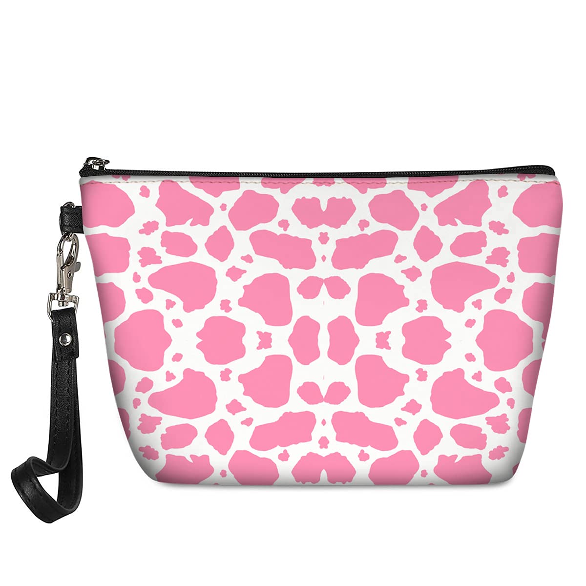 Pink Cow Print Leather Travel Makeup Bag for Women - Cute Portable Cosmetic Organizer & Toiletry Pouch - Perfect for Teens, Girls, Kids - Great for Travel, Gym, School & Daily Use