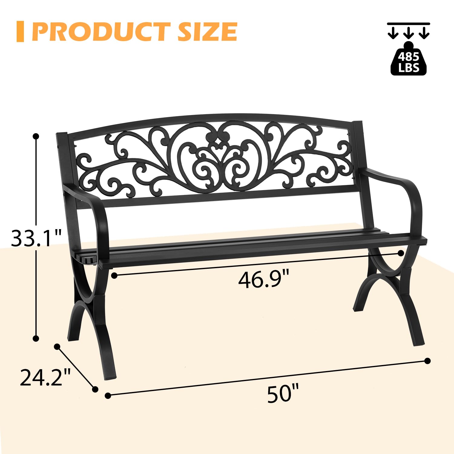 Black Outdoor Metal Loveseat Chairs 50-inch - Patio Garden Bench with Slatted Seat & Floral Design Armrests - Perfect for Park, Yard, Porch, Lawn, Balcony, Backyard - Ideal for Relaxing, Sunbathing, and Outdoor Gatherings