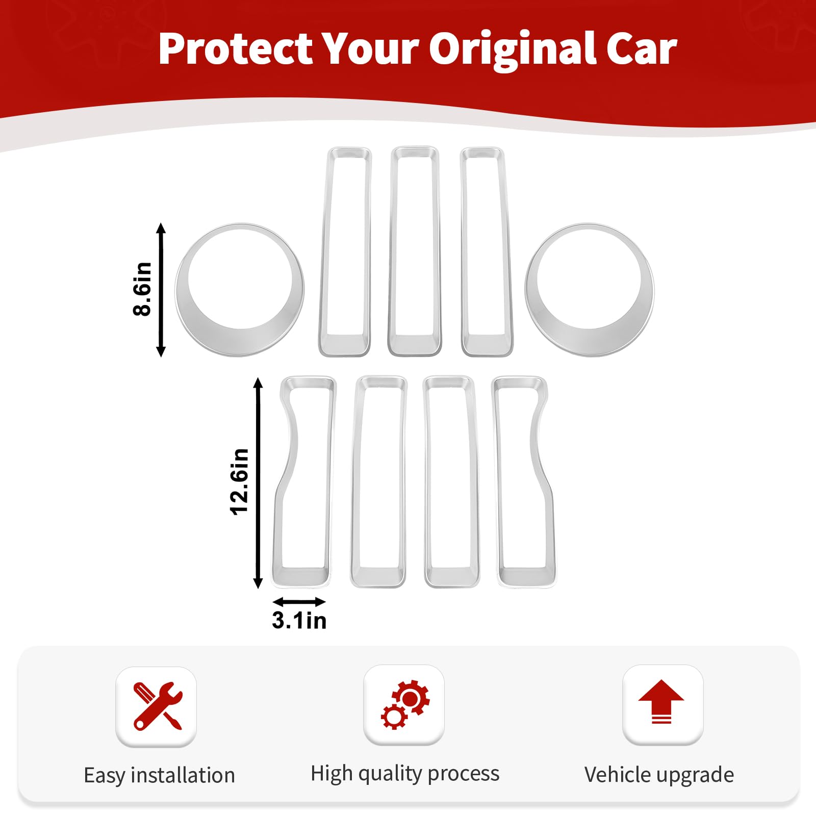 RT-TCZ Silver Mesh Front Grille Grill Insert & Headlight Cover Trim for Jeep Wrangler JL/JLU (2018-2022) - 9-Piece Exterior Accessories Kit for Off-Road Protection & Style Enhancement
