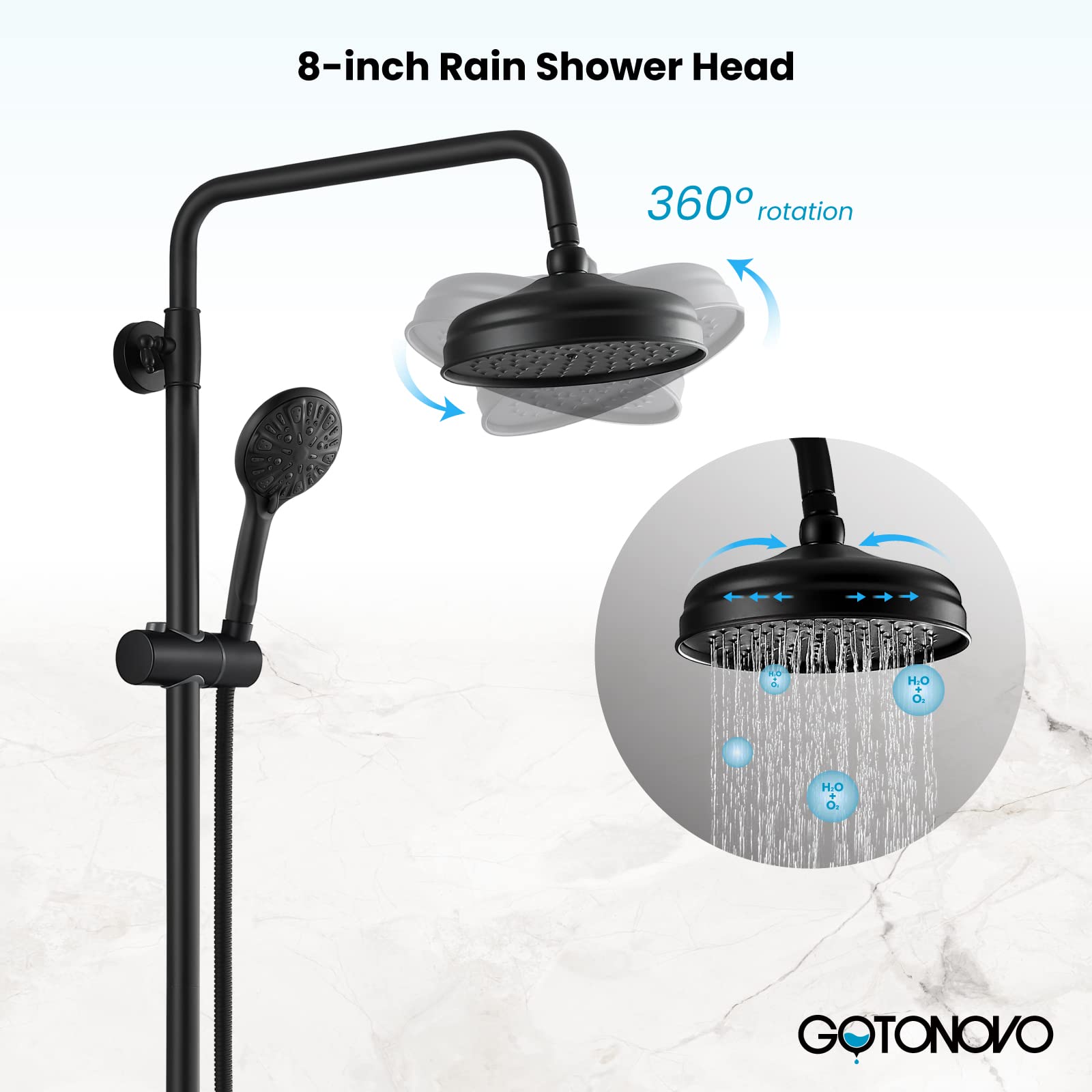 Gotonovo 8 Inch Round Rain Shower Head with Double Cross Handle & Tub Spout - Matte Black Wall Mount Bathroom Faucet Mixer - 3 Function ABS Handheld Sprayer for Luxurious Spa-Like Shower Experience