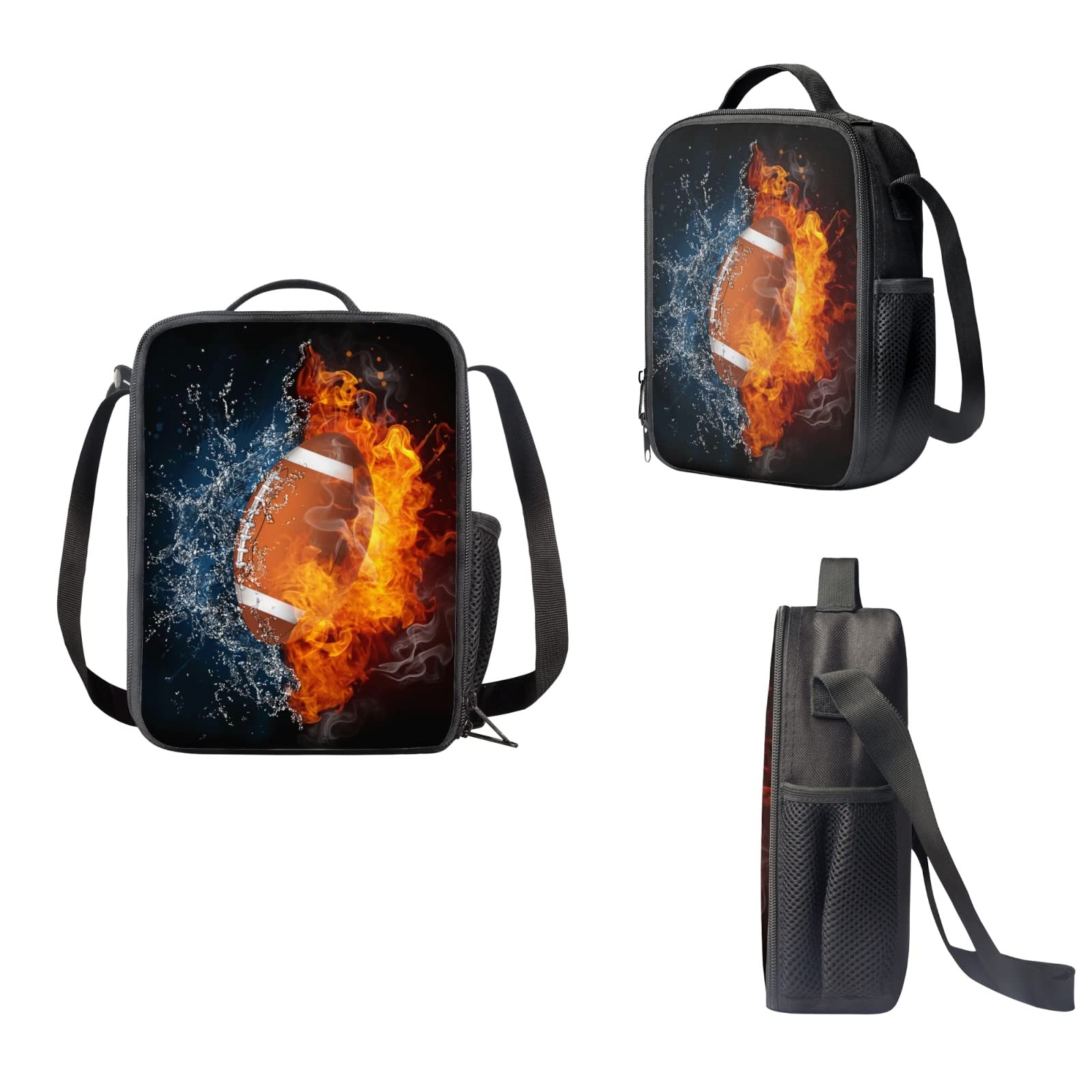 3-Piece Fire Water Football Design Backpack Set for Teen Boys - School Backpack, Lunch Bag & Pen Holder - Perfect for School, Sports & Travel