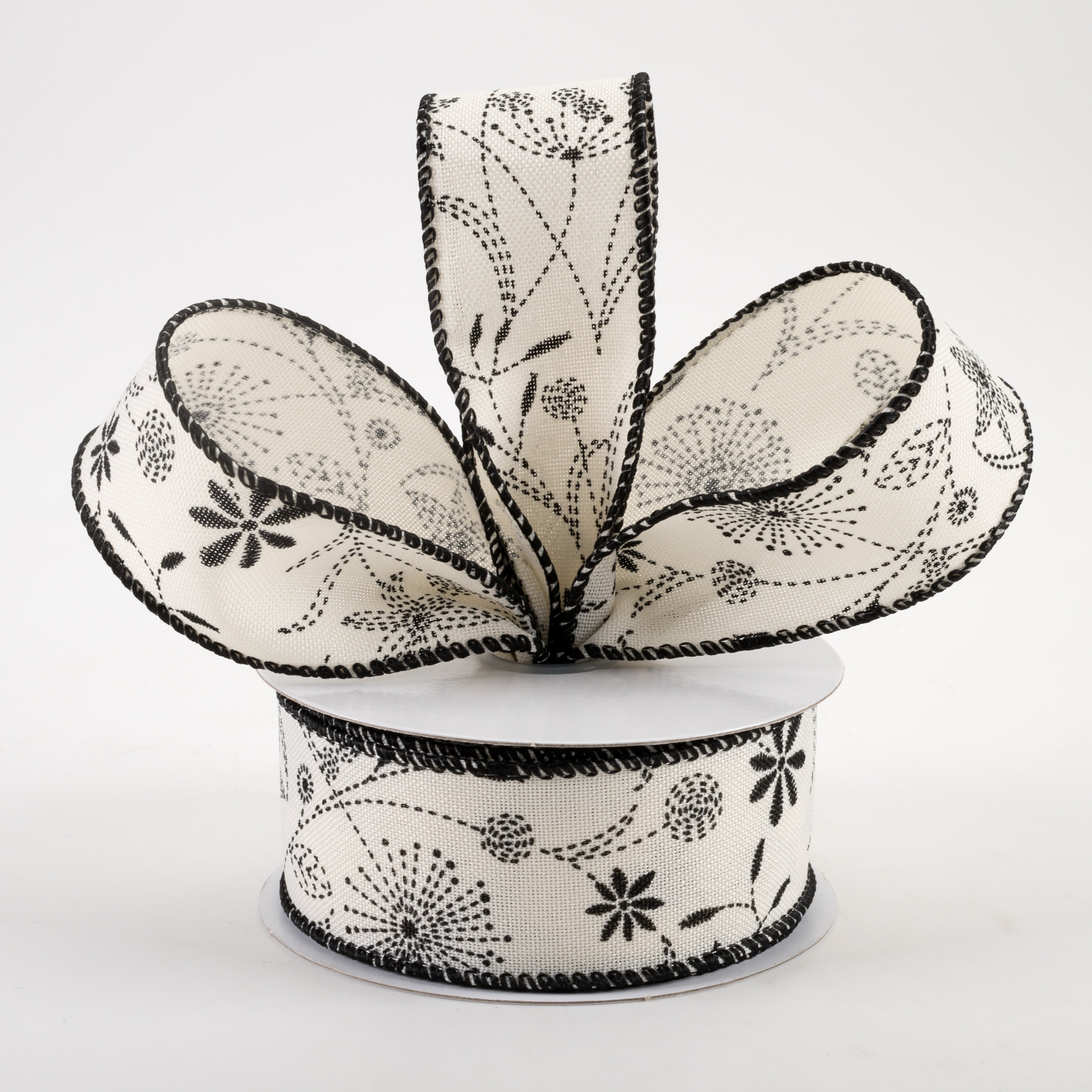 1.5 Inch Doodle Flowers Linen Ribbon - Ivory & Black (10 Yards) for DIY Crafts, Gift Wrapping, Scrapbooking & Home Decor