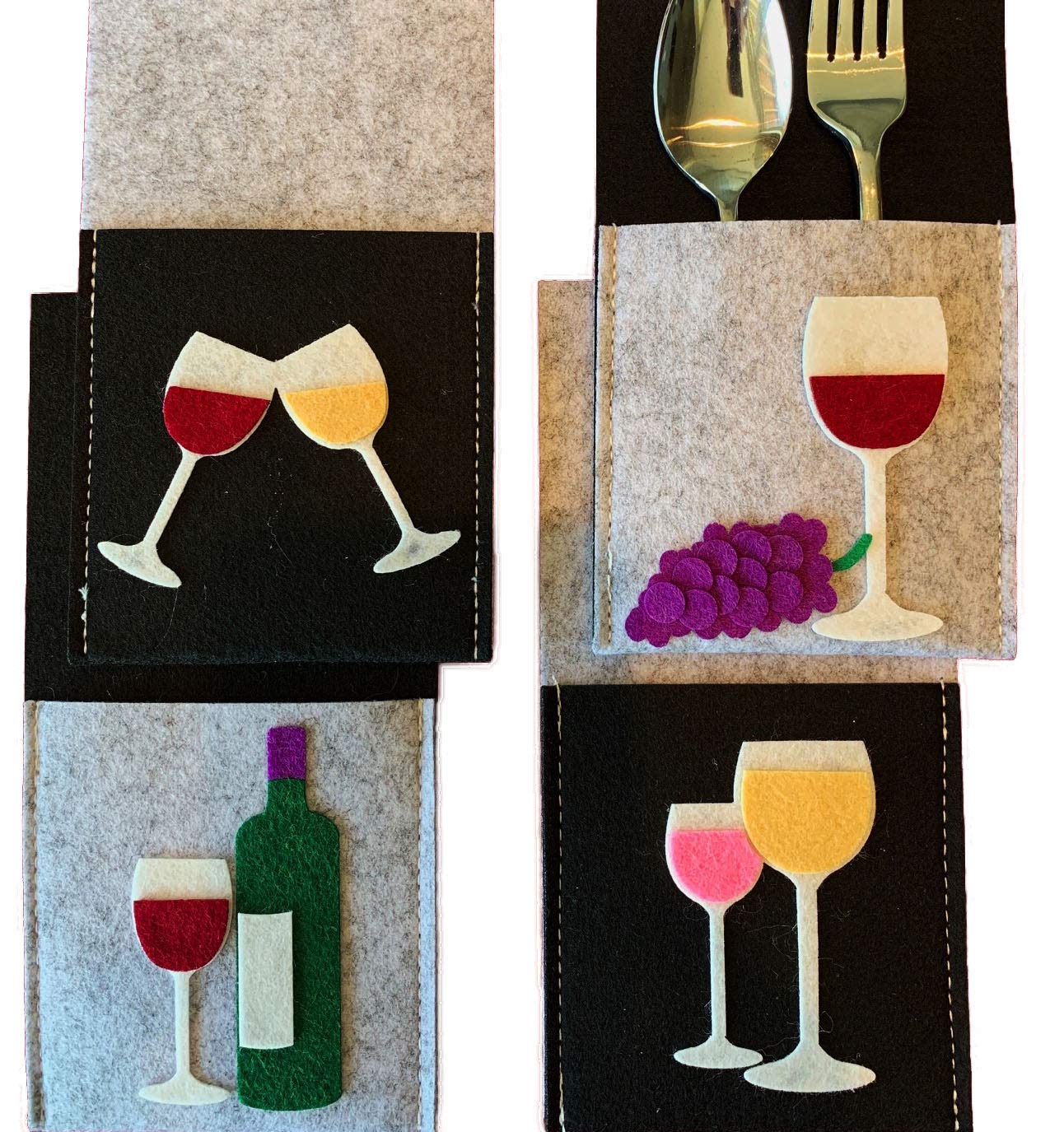 Premium Wine Tasting Party Silverware Holders Set - 8 Pack Durable Colorful Felt Napkin Rings with Wine Bottle, Glass & Grape Designs - Perfect for Entertaining, Book Clubs, Housewarming Gifts & Dinner Parties